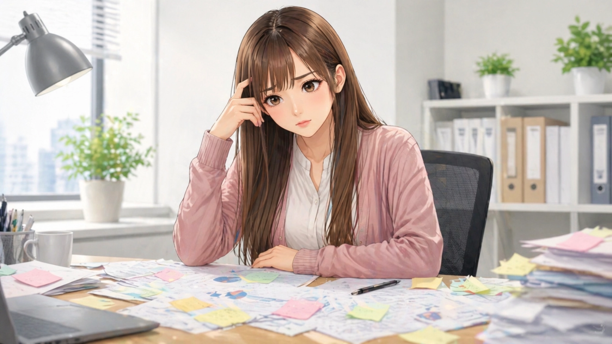 大量のメモや資料を前に、少し困り顔で考え込むさくらこのイラスト