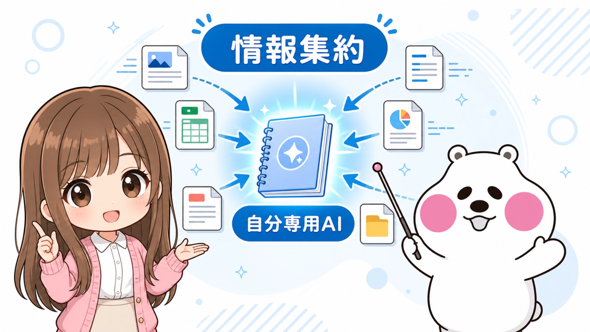 ちびキャラのさくらことミフオが、バラバラの情報をAIが一つにまとめる図解を解説しているイラスト