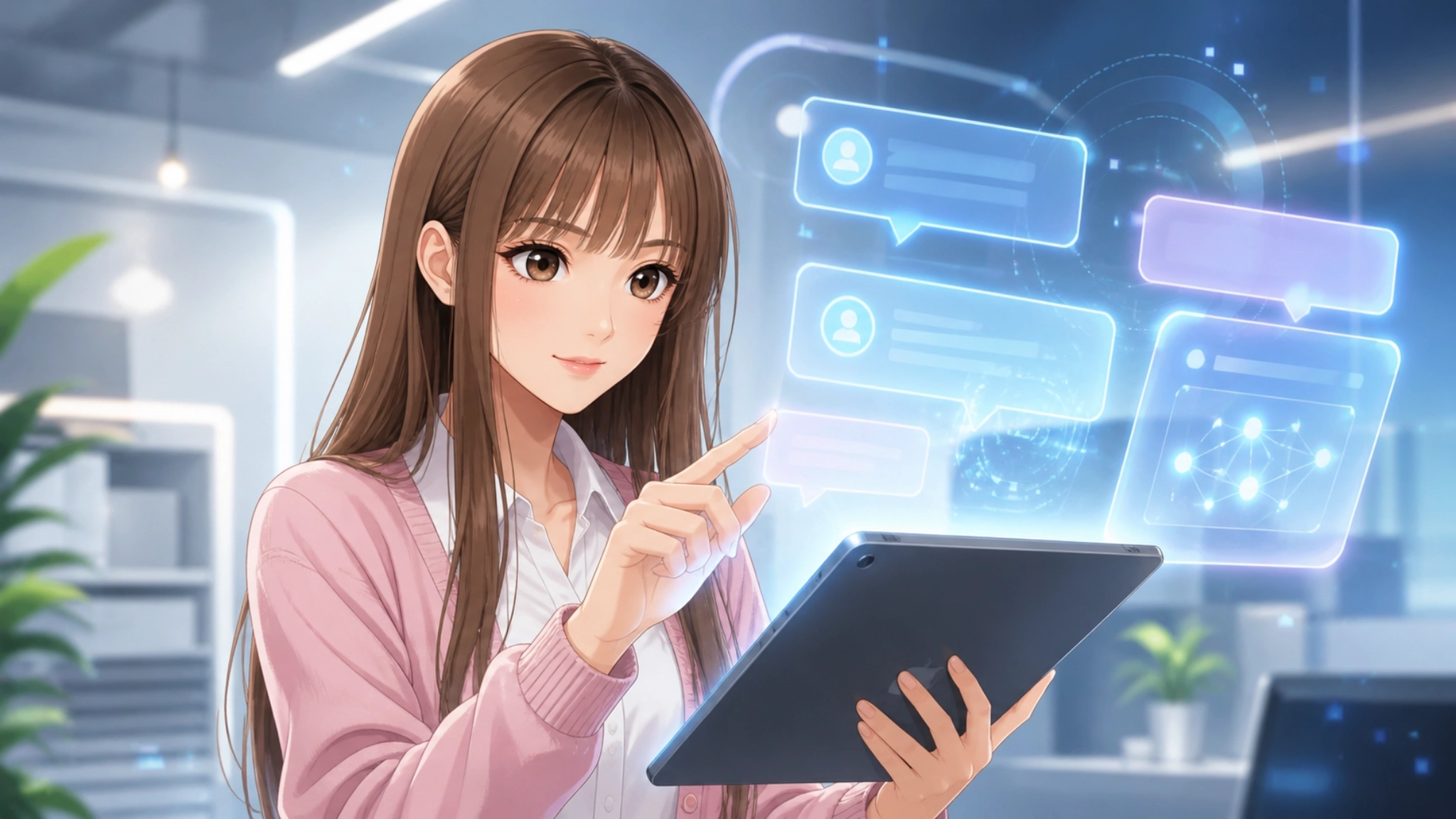 タブレットを操作してNotebookLMのチャット機能を使っているさくらこのイラスト