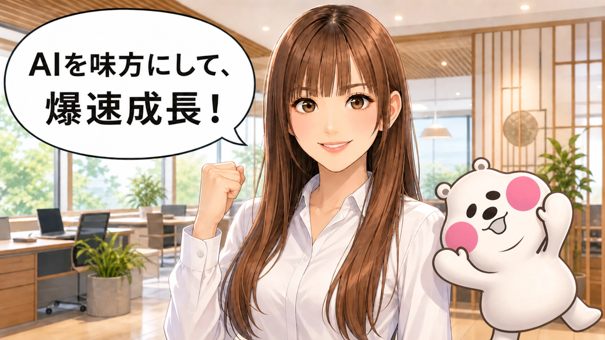 自信に満ちた笑顔のさくらこと、応援するミフオのイラスト（吹き出し付き）
