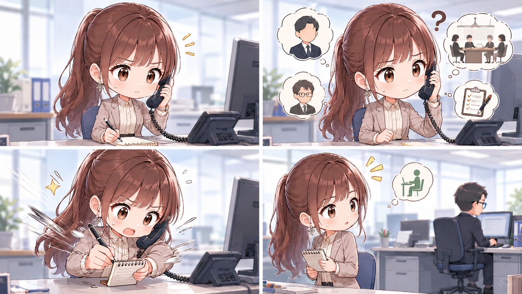 ChatGPTに向かって、電話対応でよくある困りごとを相談している新入社員の様子