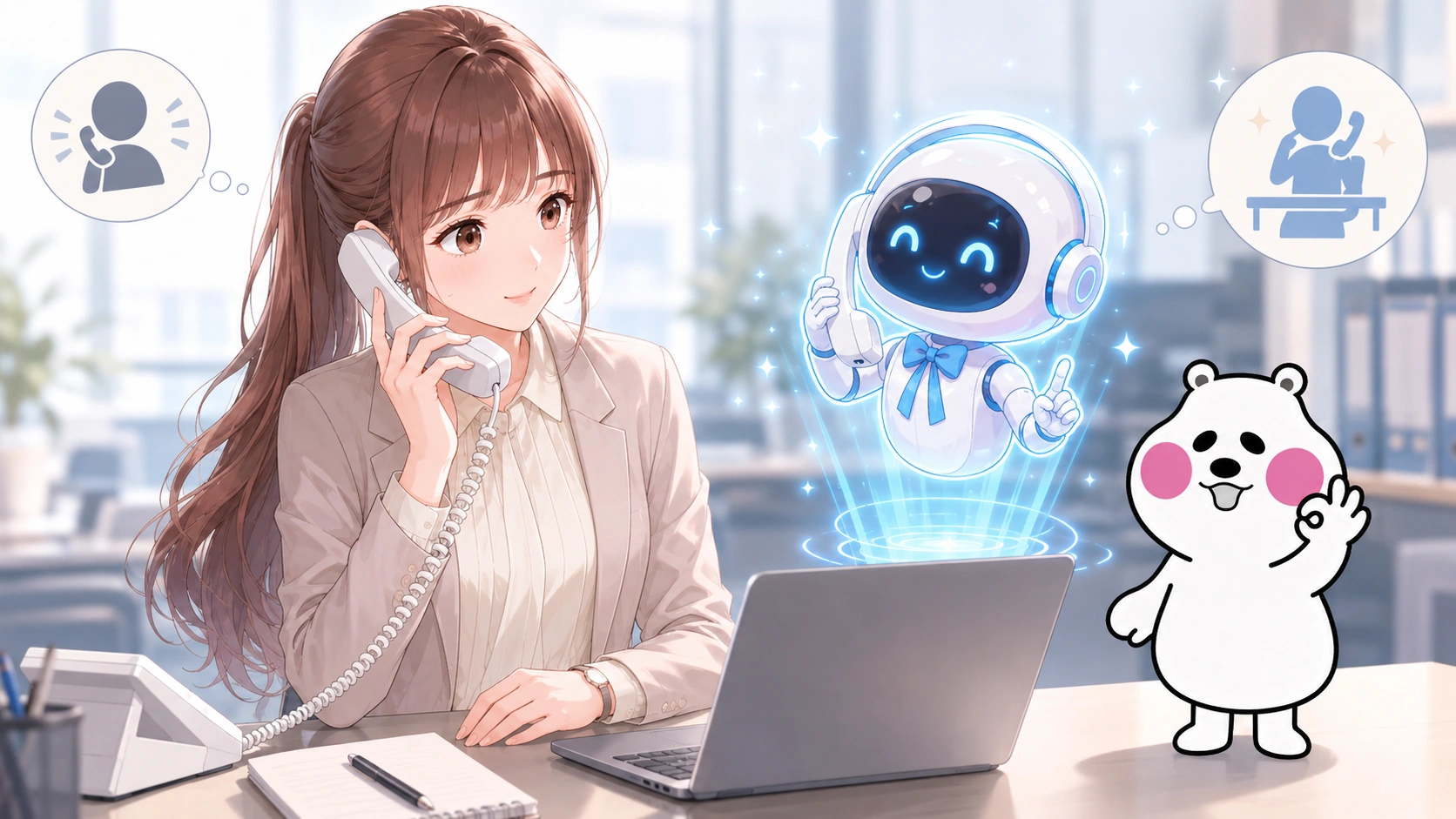 事前のAI練習のおかげで、落ち着いて笑顔で会社の電話に対応できている若手社員