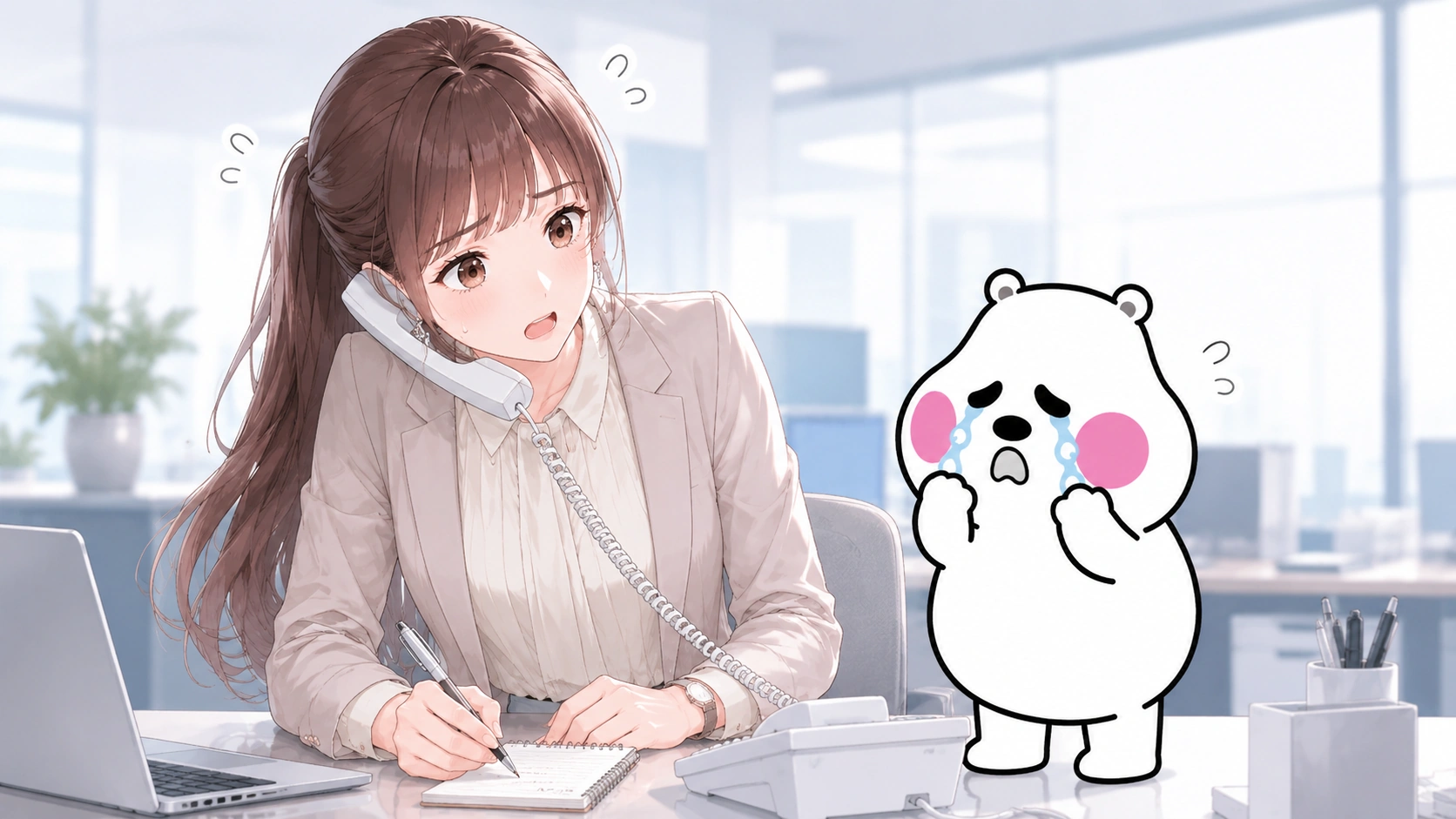 会社のデスクで鳴り響く電話を前に、緊張で体が固まってしまう新入社員のイメージ