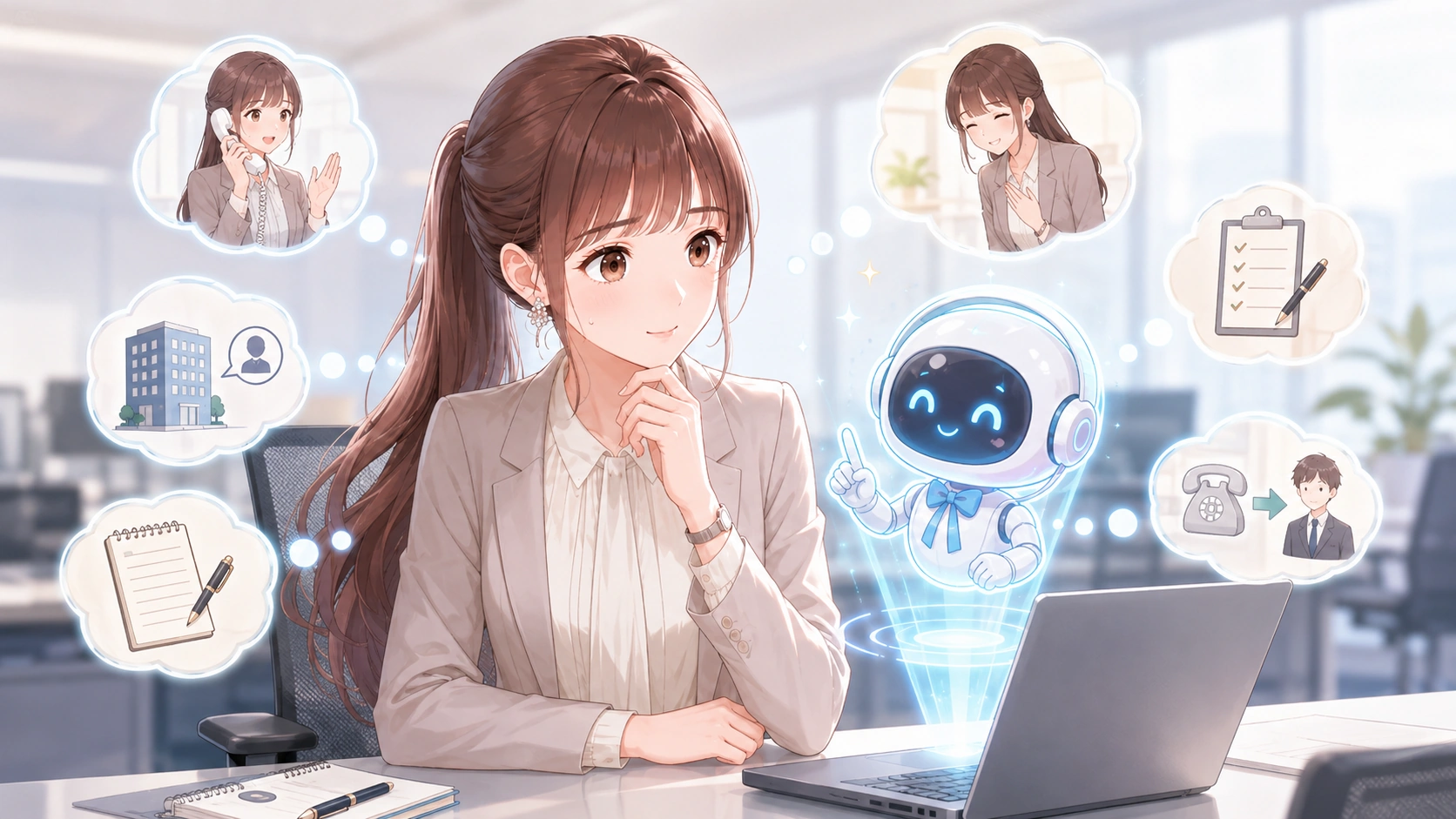 AIに向かって、電話対応でよくある困りごとを相談している新入社員の様子
