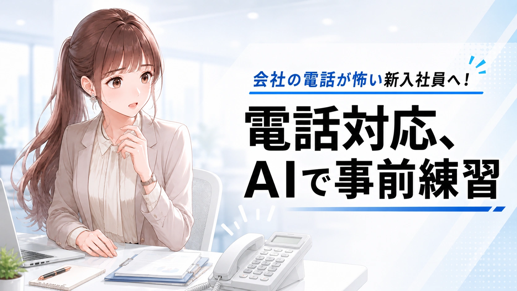 会社のデスクで鳴り響く電話に緊張するさくらこのイラスト