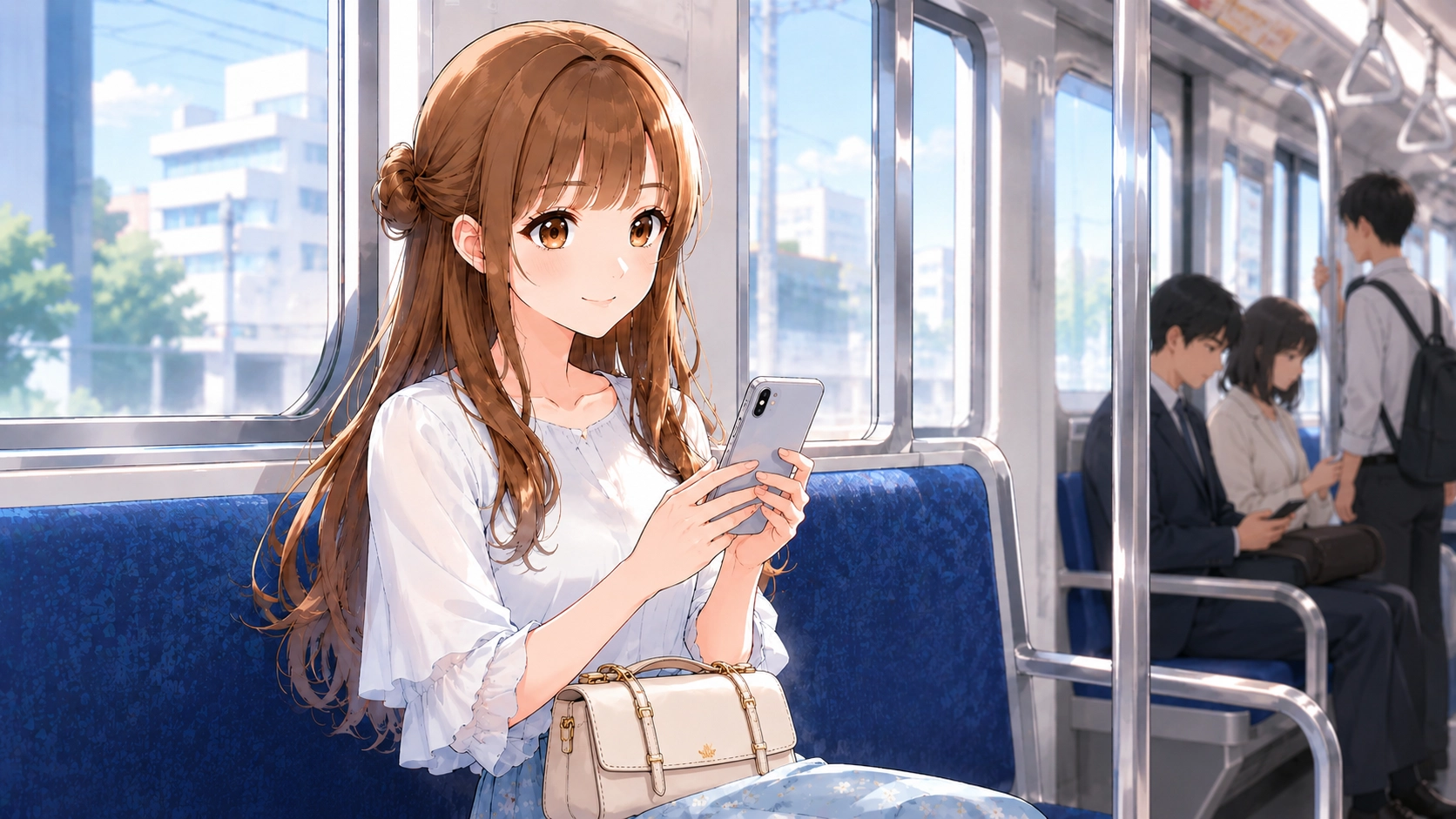 通勤電車の中でスマートフォンを操作しAIを活用するさくらこ