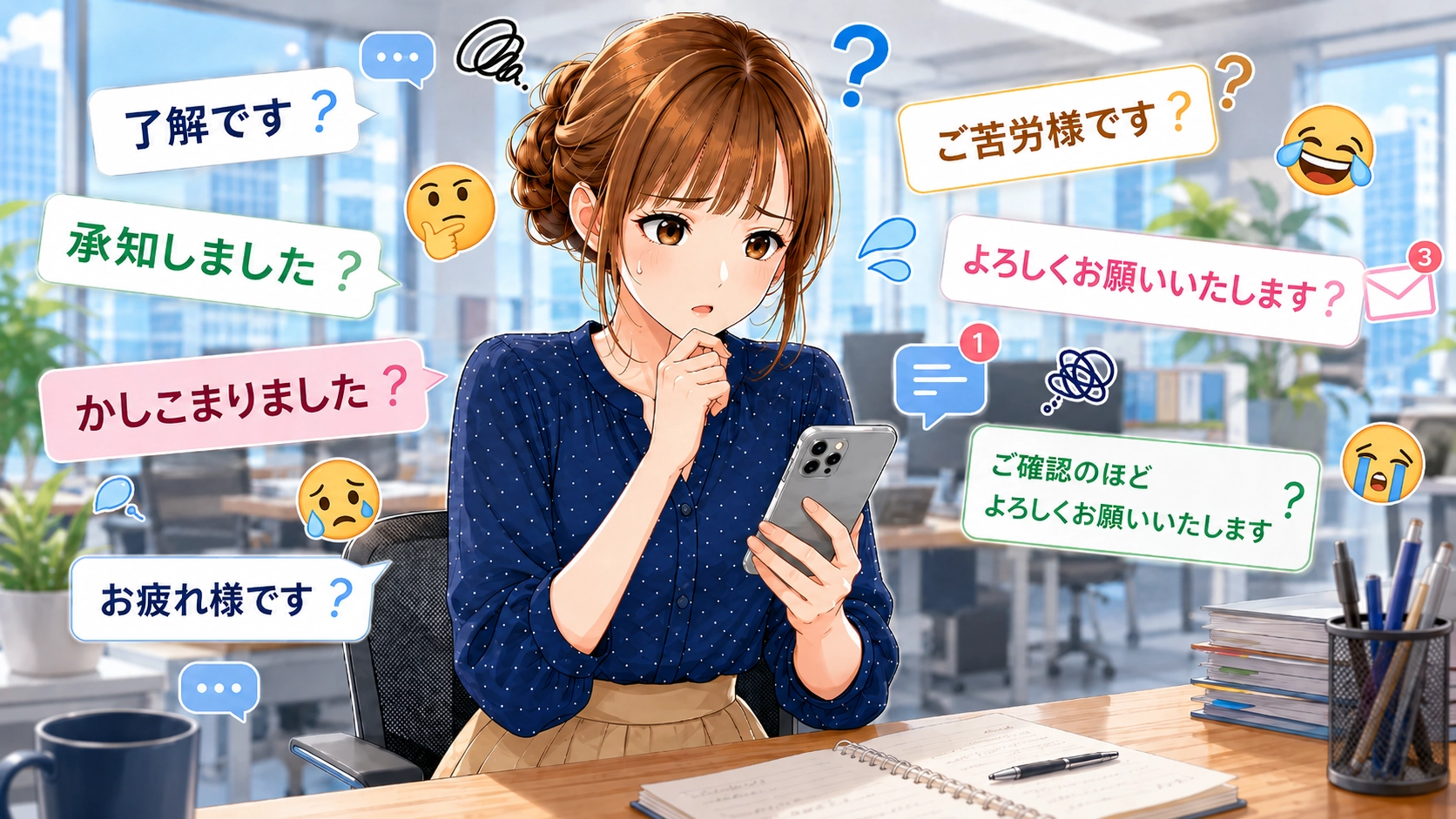 上司へのLINE返信に悩む若手社員とAI活用をイメージしたアイキャッチ画像