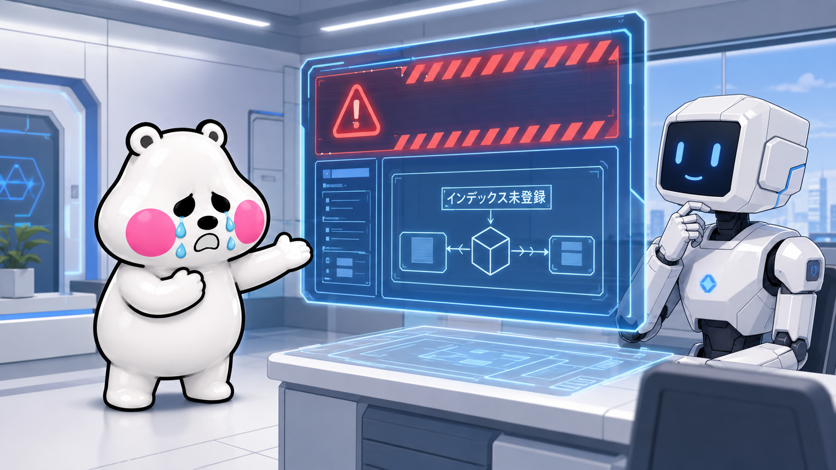インデックス未登録の解決のためAIにSOSを出すちびキャラのミフオ