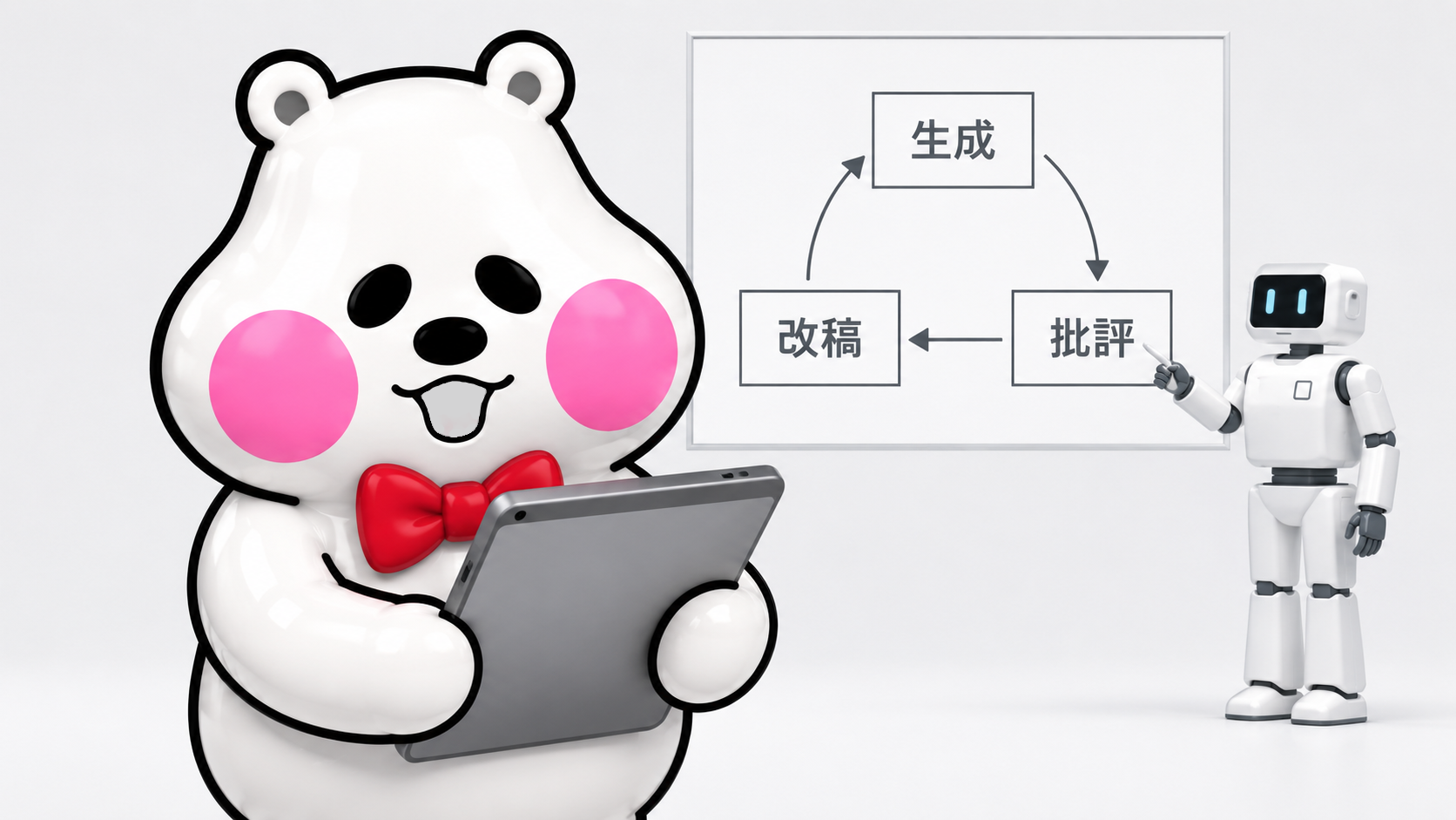 1人のAIロボが「生成役」「批評役」「改稿役」という3つの役割を連続してこなす様子を図解するミフオ