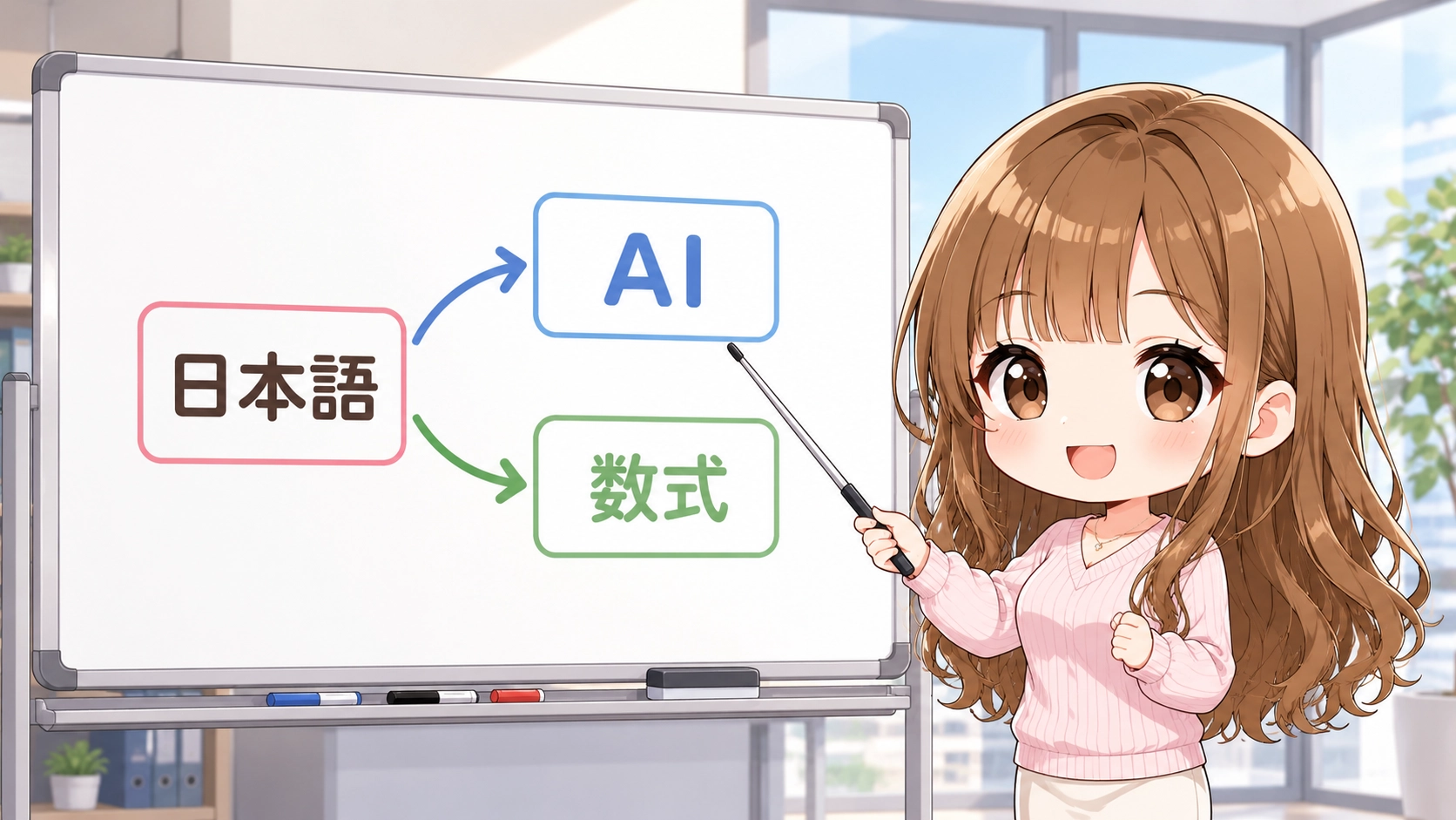 日本語から数式への変換を図解で説明するちびキャラの女性