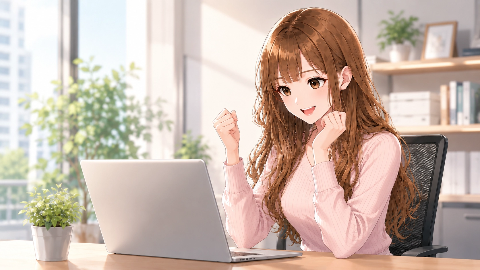 パソコンの前で笑顔を見せる女性