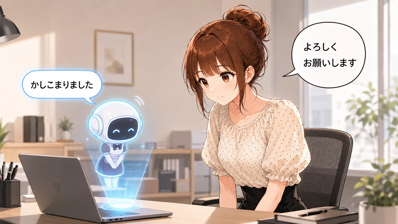 さくらこがAIロボットに「よろしくお願いします」と丁寧に依頼し、AIロボットが「かしこまりました」と返答しているイラスト。