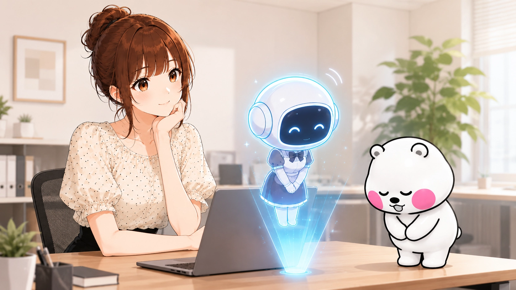 さくらこがAIロボットとミフオの丁寧なお辞儀を見ながら、AIとのやり取りについて考えているイラスト。