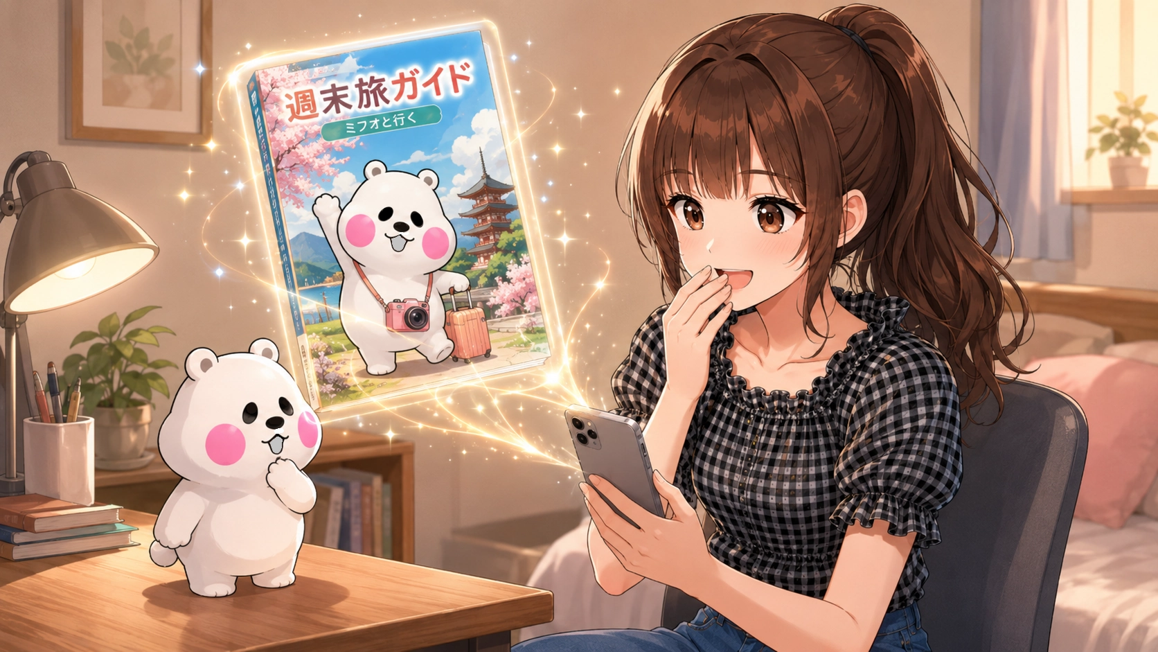 ChatGPTで整えた週末旅ガイドをスマホで確認しながら、完成したガイドブックを見て笑っているさくらことミフオのイラスト。