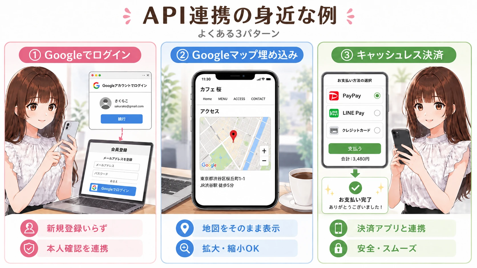 「Googleログイン」「地図の埋め込み」「キャッシュレス決済」の3つの身近なAPI連携シーン