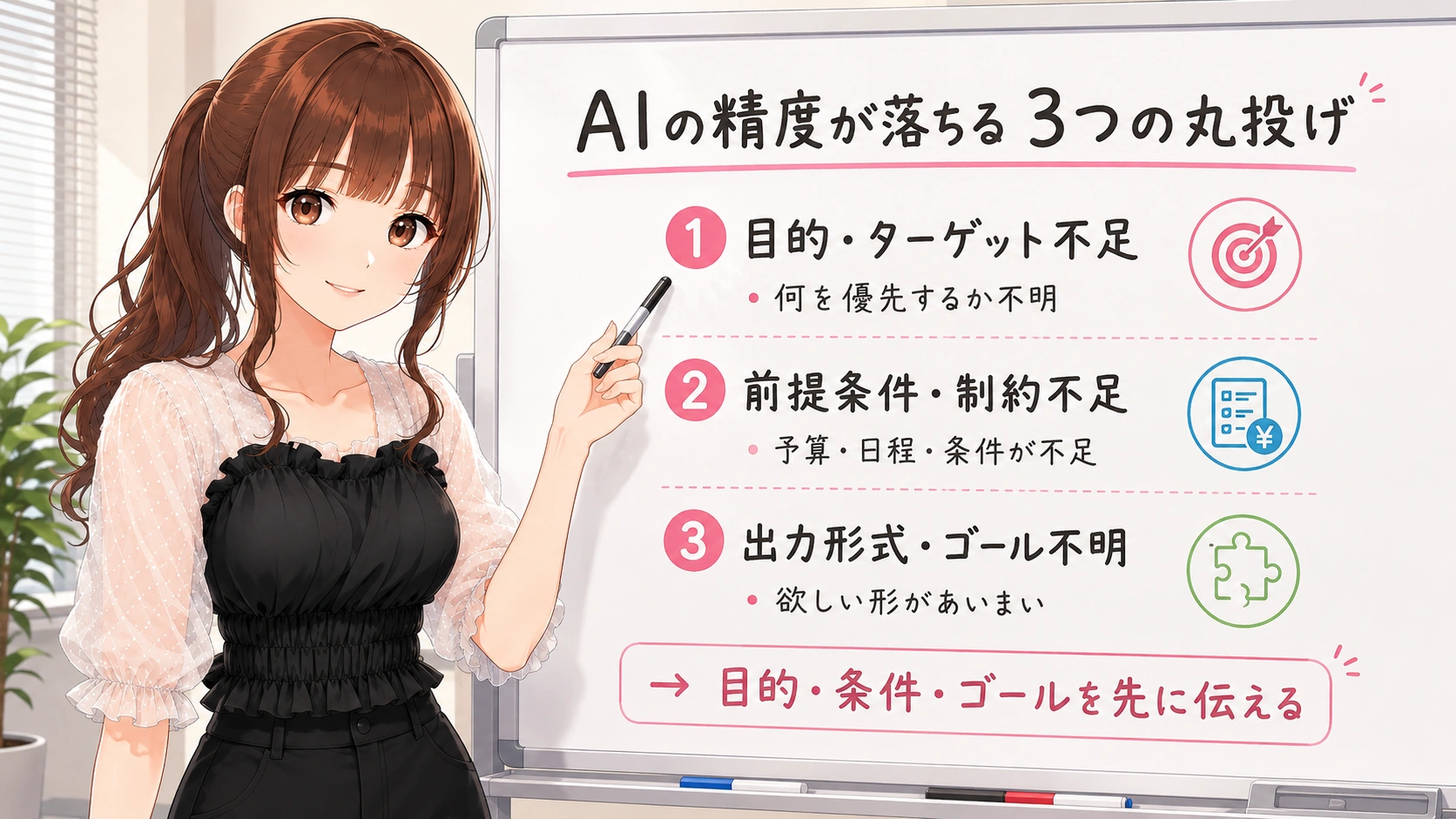 AIの精度が落ちる丸投げの原因として、目的・ターゲット不足、前提条件・制約不足、出力形式・ゴール不明の3つを説明する図解。