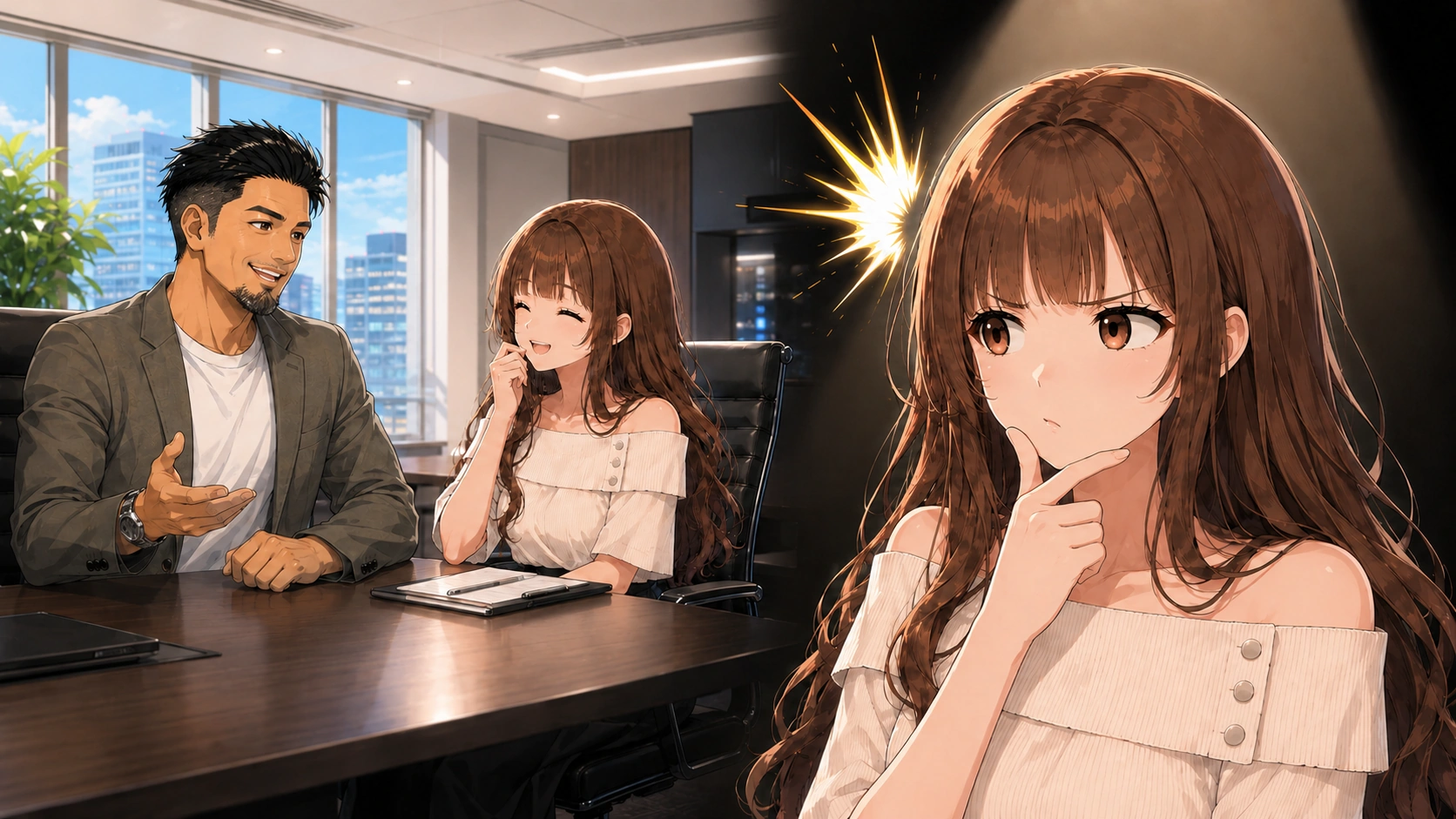 上司との会話をきっかけに、Claudeでツール作成に挑戦する予感がしているさくらこのイラスト。