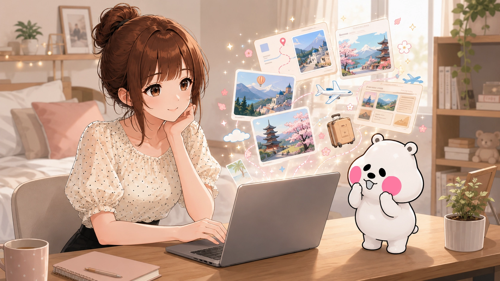 NotebookLMを使って旅行プランやガイドブック案を作成しているさくらことミフオのイラスト。