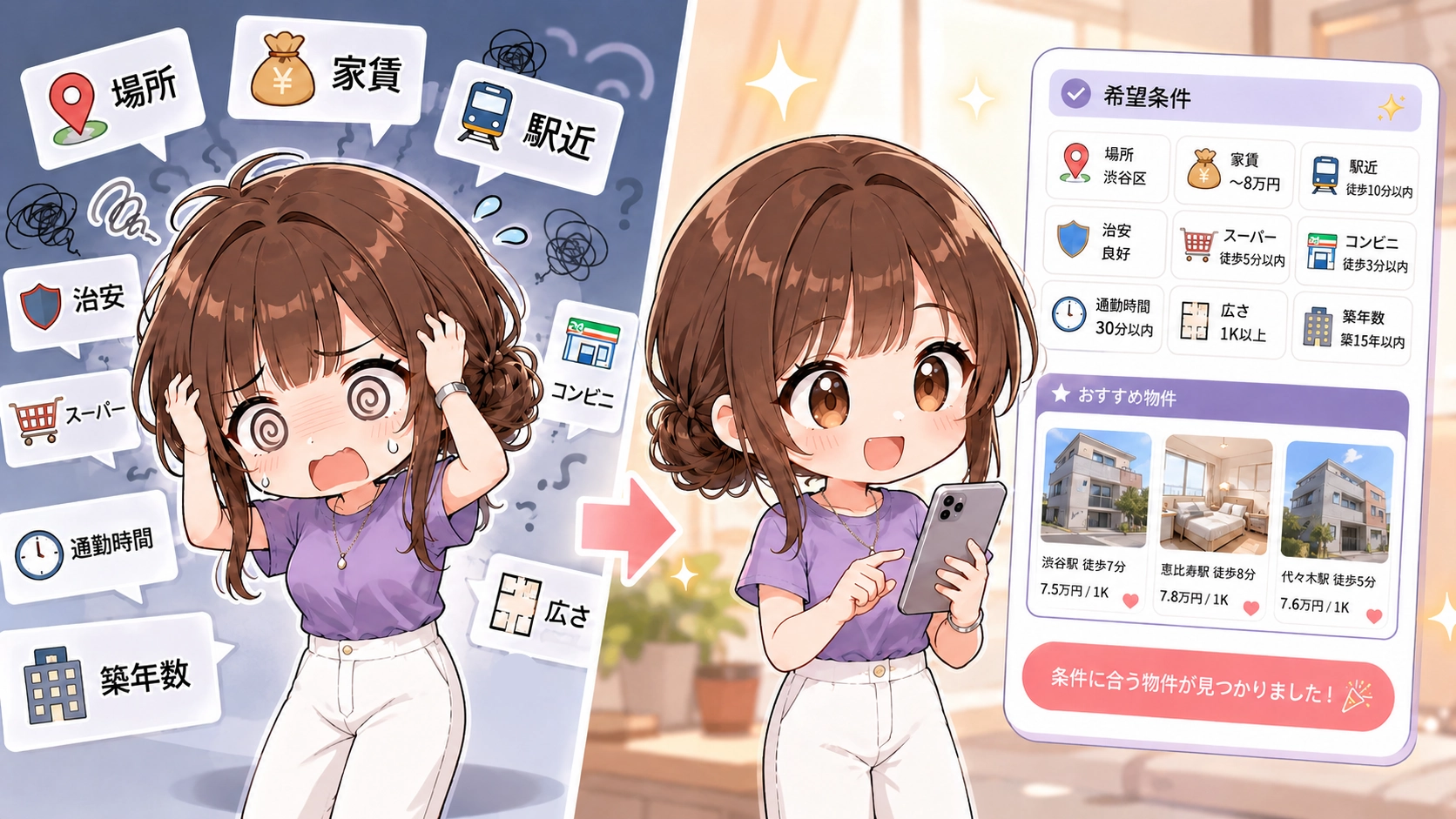 条件が多くて悩むさくらこと、AIが整理した希望条件とおすすめ物件一覧を見ているさくらこの比較イラスト。