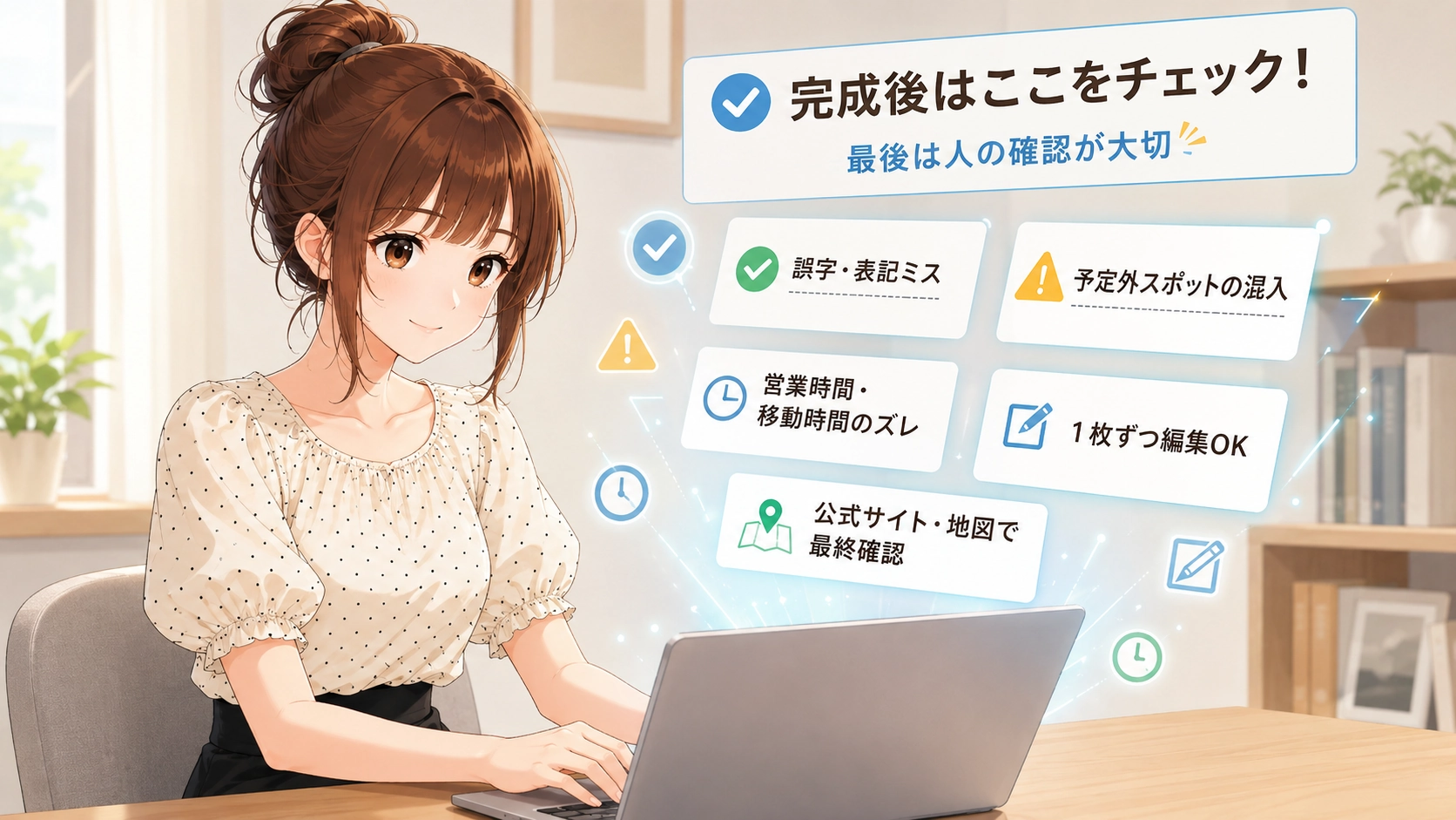 NotebookLMで作成した旅行ガイドブックの完成後に、誤字や営業時間、移動時間などを確認するさくらこのイラスト。