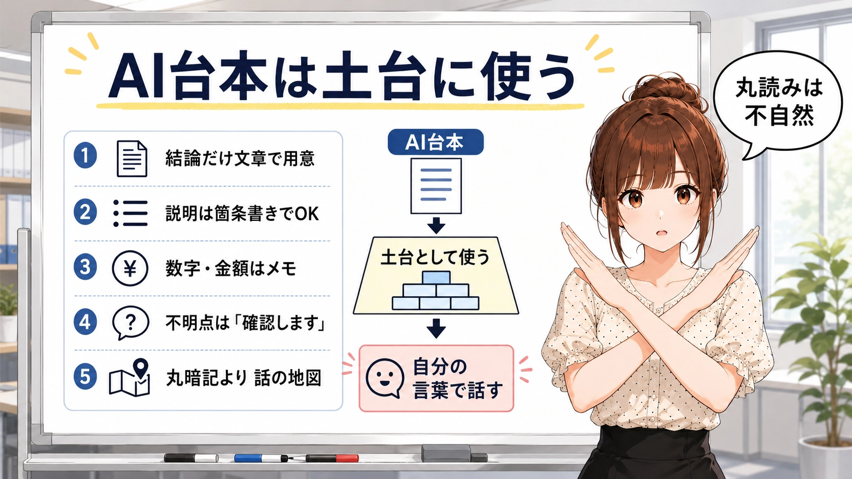 AI台本は土台として使い、丸読みではなく自分の言葉で話すことの大切さを説明するホワイトボード画像。