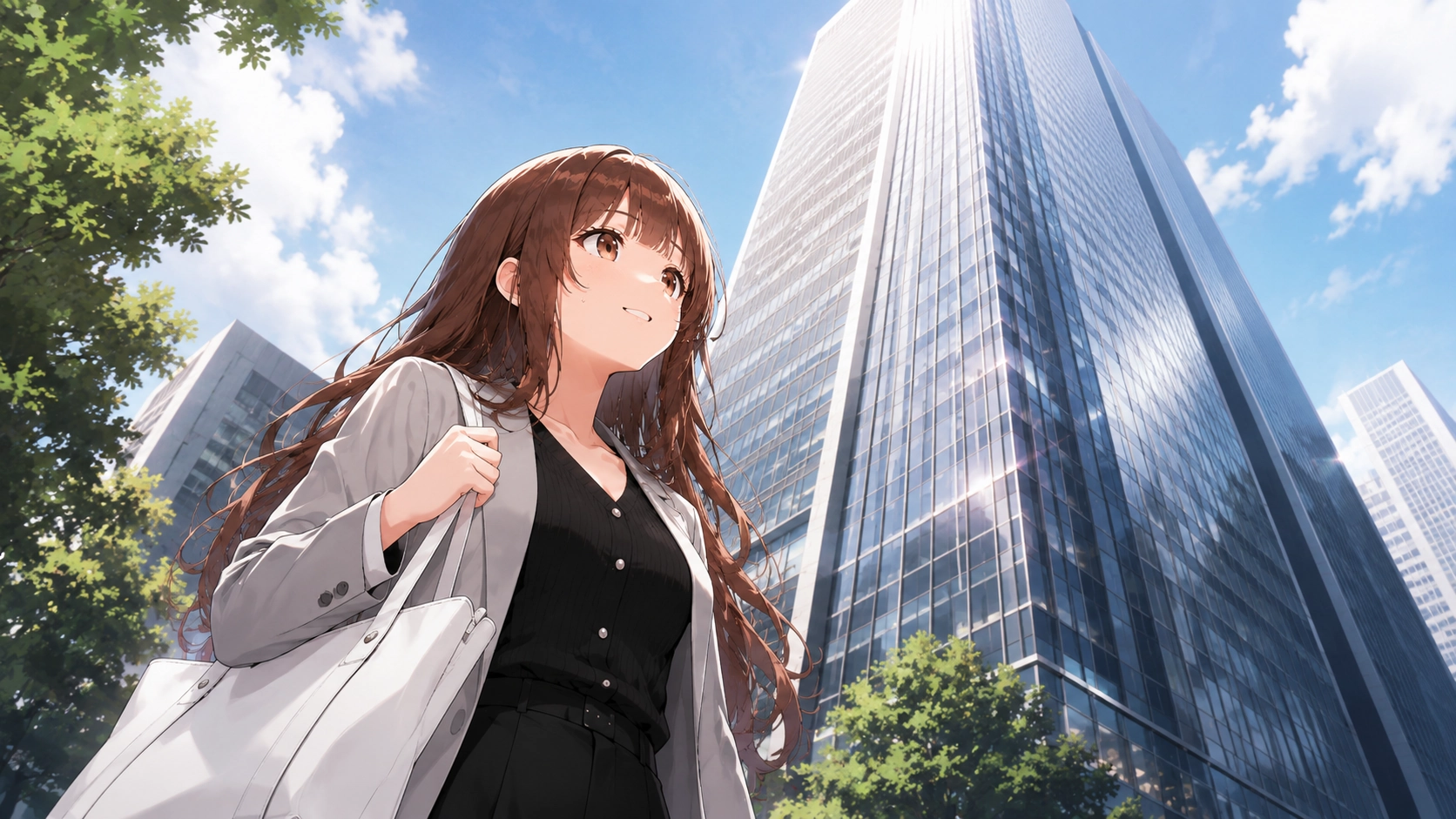 発表会会場に向かうさくらこのイラスト。高層ビルを見上げながらイベント参加へ向かっている。