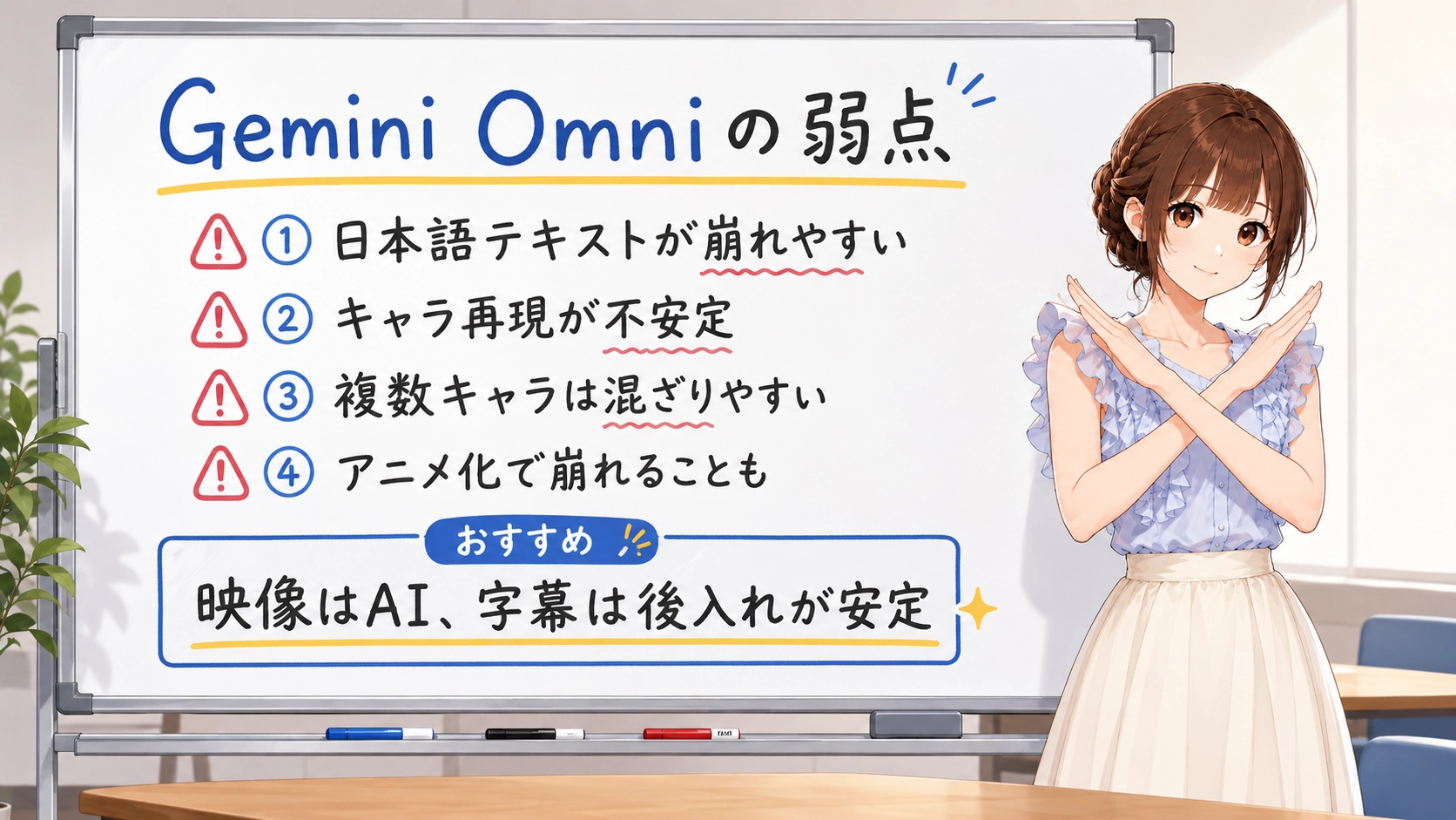 Gemini Omniの弱点として、日本語テキストの崩れ、キャラクター再現の不安定さ、複数キャラクターの混ざりやすさ、アニメ化による崩れを説明するホワイトボード画像。