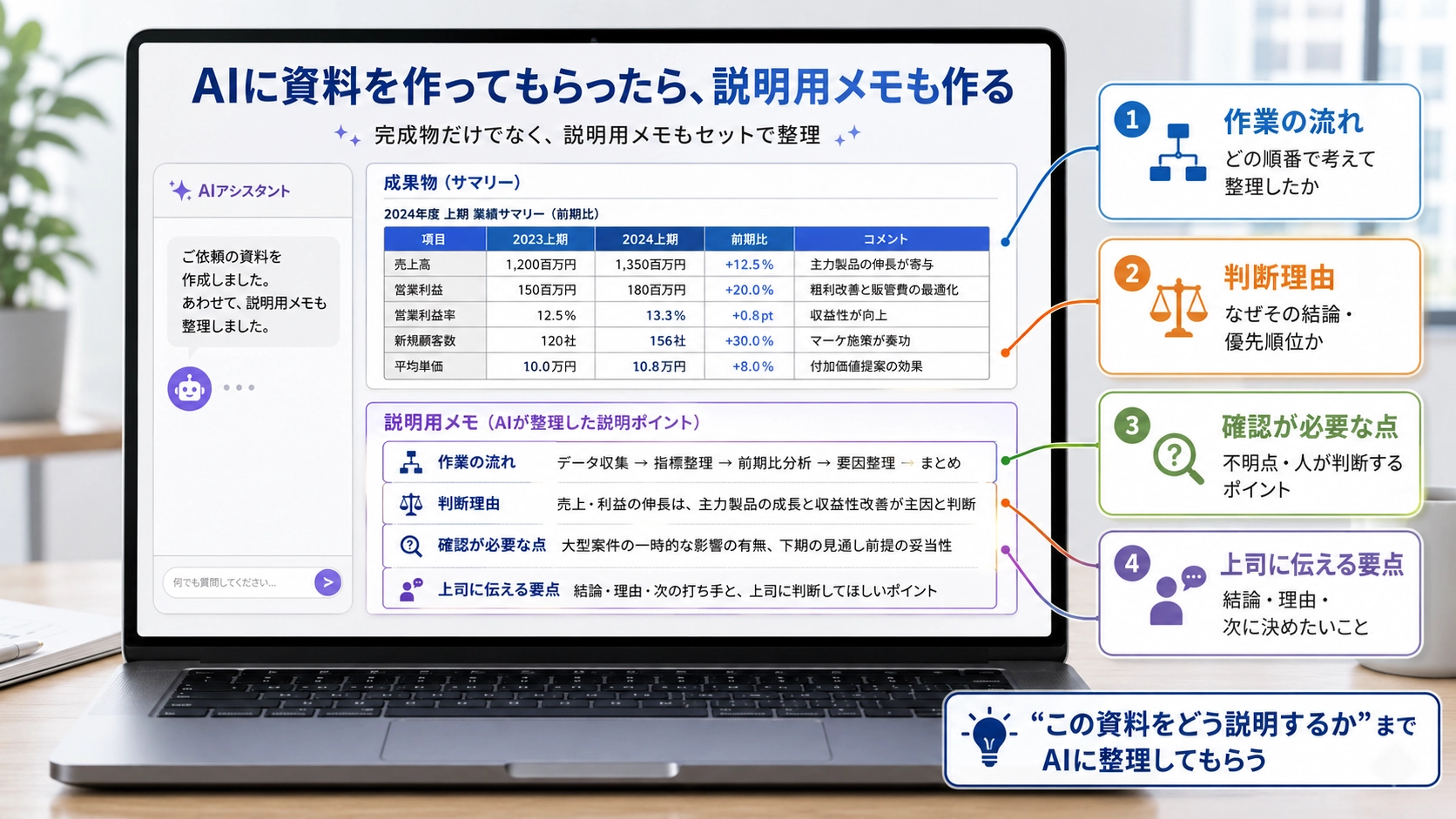 AIに資料を作成してもらうだけでなく、作業の流れや判断理由、確認が必要な点、上司に伝える要点も整理してもらう図解。