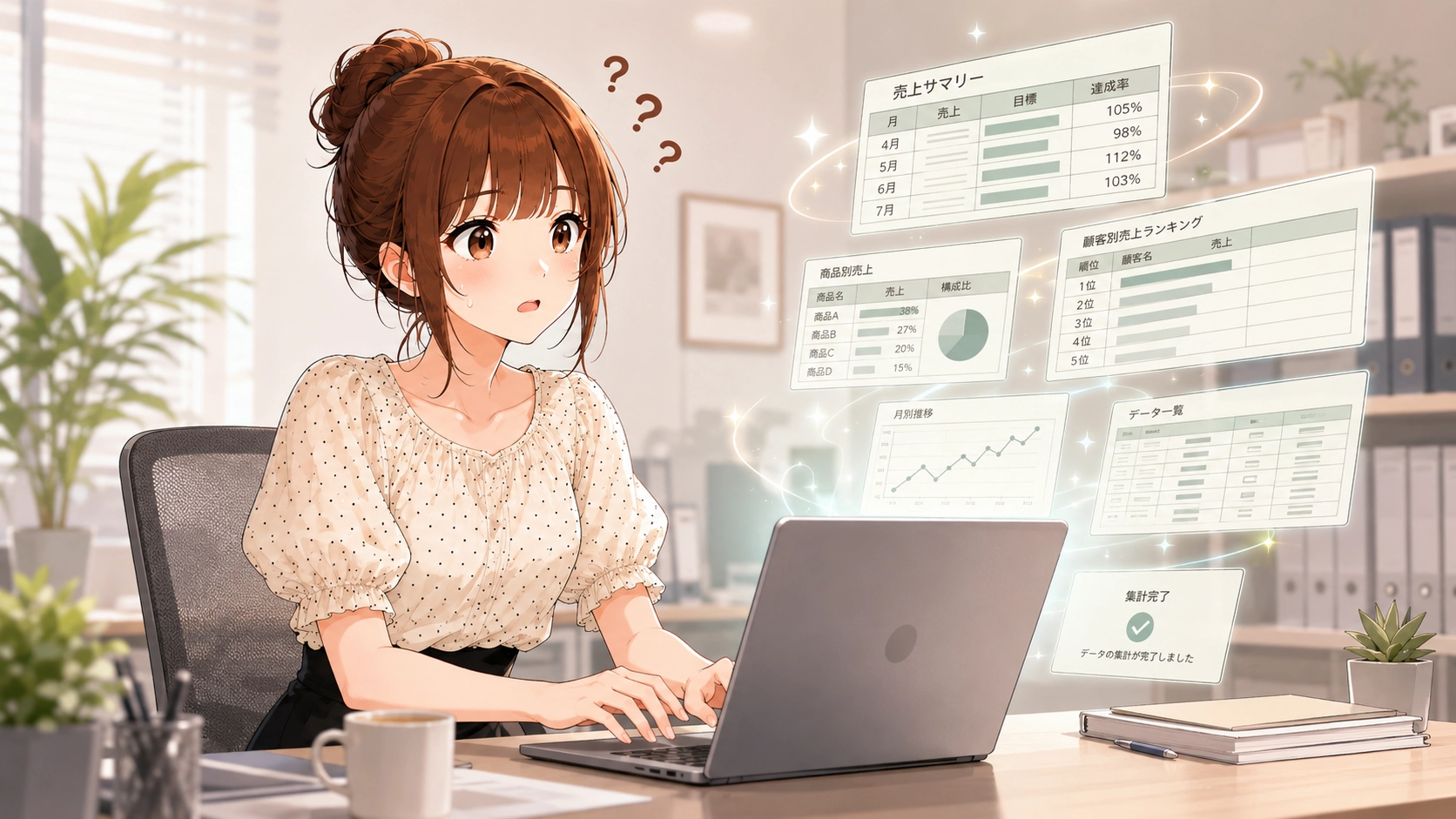 さくらこがパソコンで、AIが作成した売上サマリーやランキング、データ一覧などの資料を確認しているイラスト。