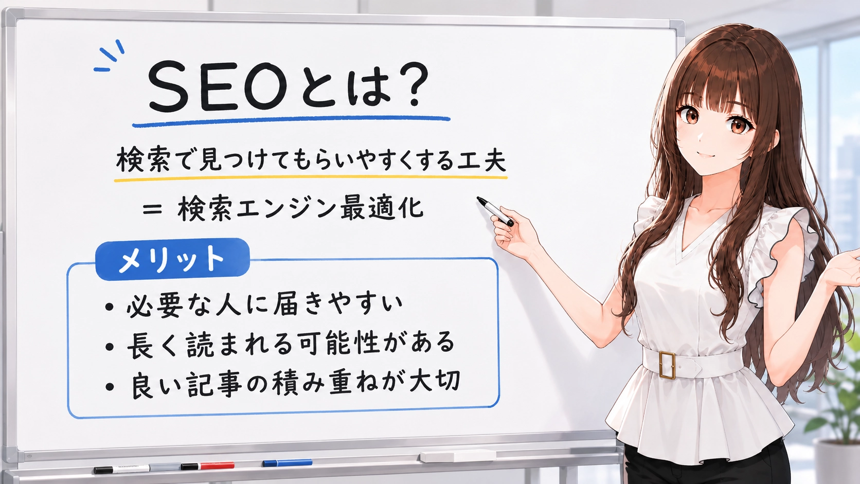 SEOとは検索で見つけてもらいやすくする工夫であり、検索エンジン最適化のことだと説明するホワイトボード画像。