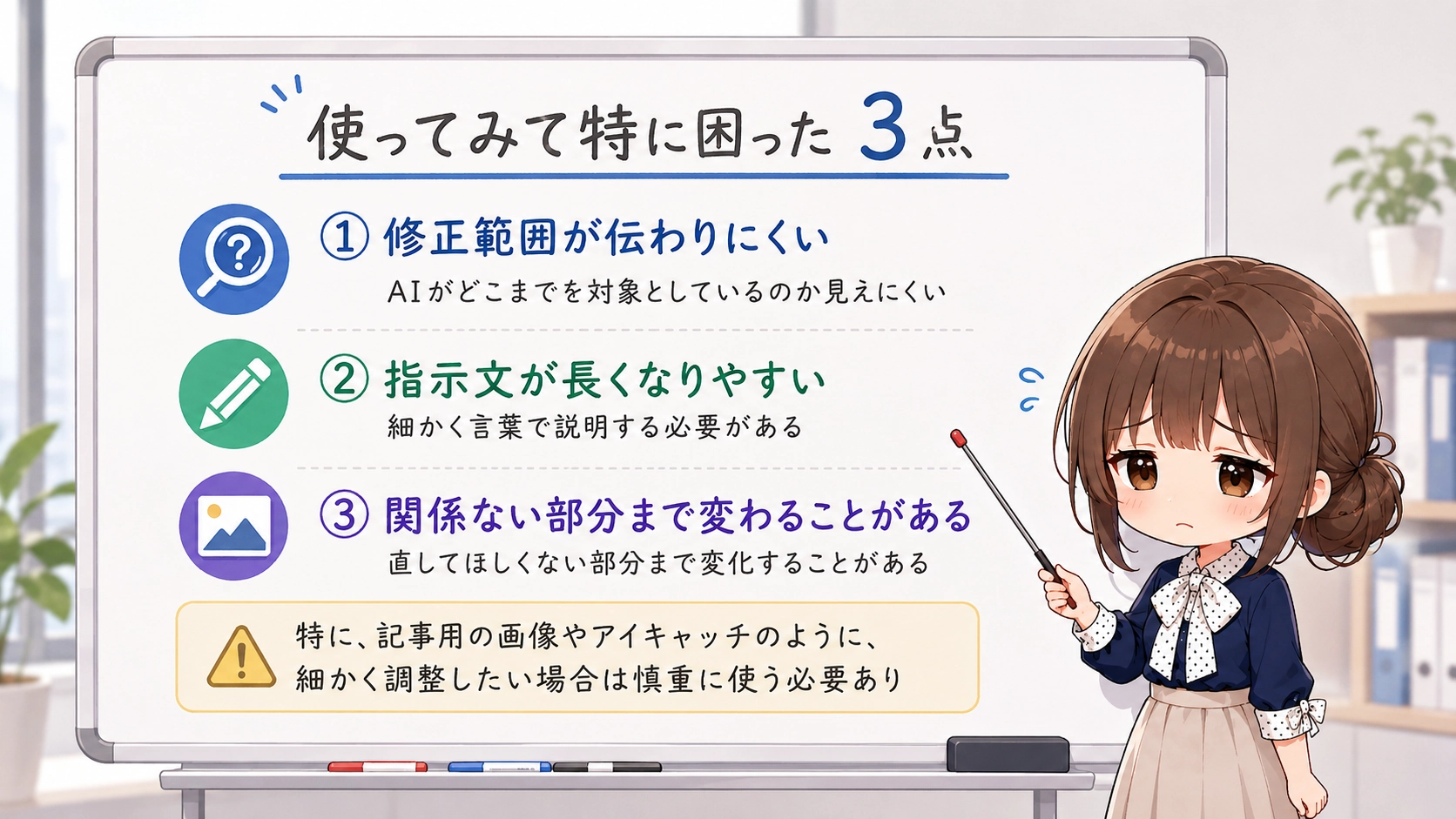 ホワイトボードの前で悲しそうなさくらこが、画像修正で困った3点を説明しているイラスト。