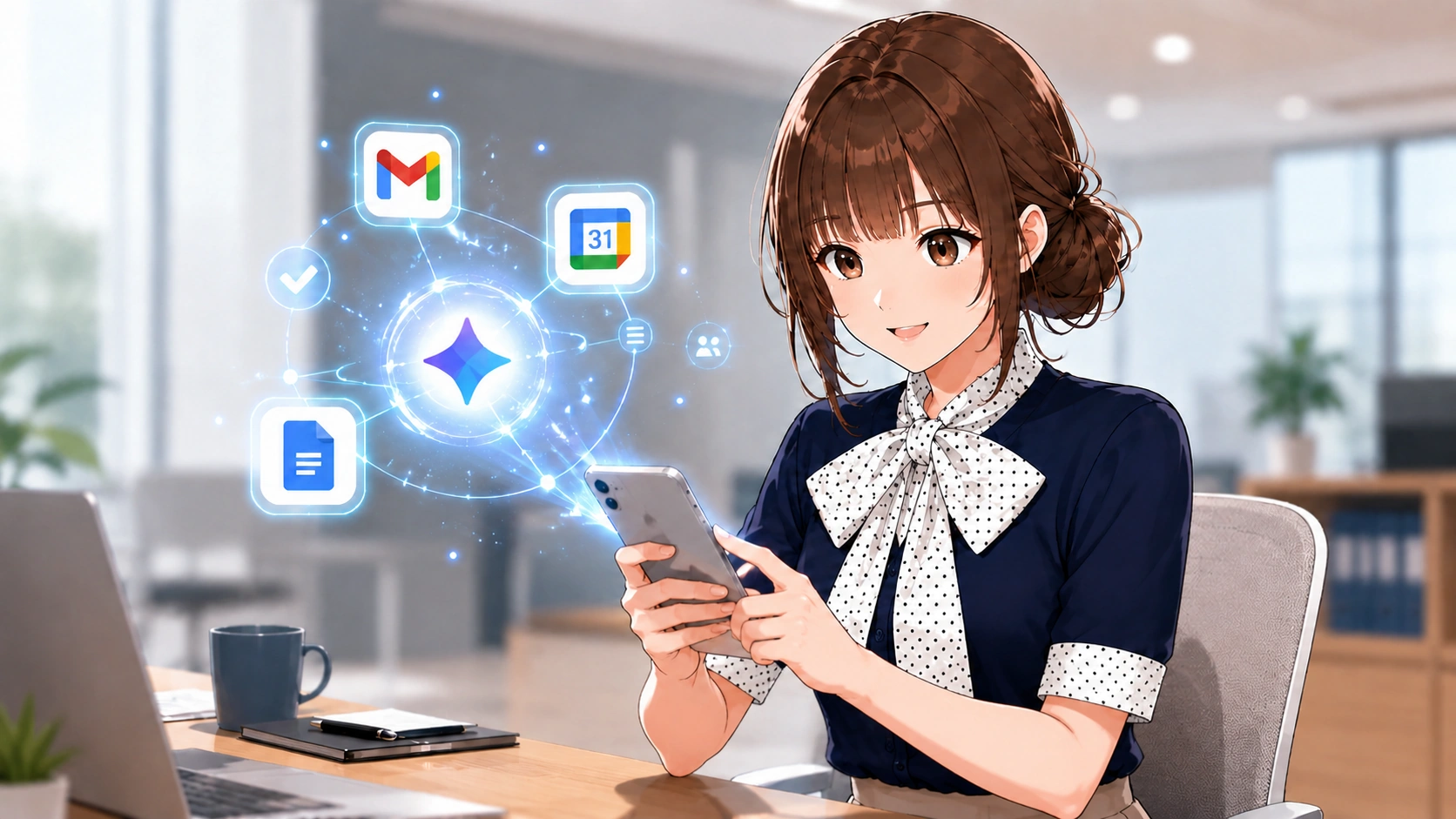 複数のアプリが1つに統合される様子を笑顔で見ているさくらこの画像