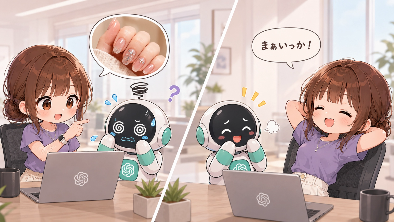 ネイルの画像修正をAIに依頼したものの、ロボットが混乱し、さくらこが最終的に「まあいっか」と受け流している2分割イラスト。