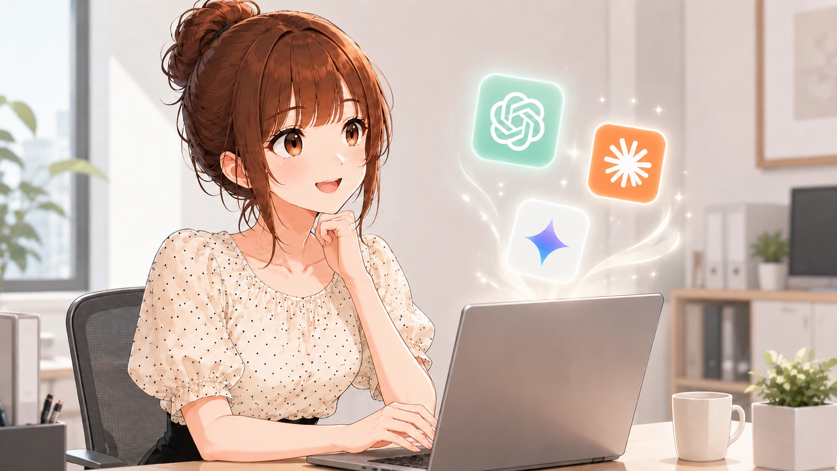 さくらこがパソコンを前に、ChatGPT・Gemini・Claudeのアイコンを見ながらAIへの伝え方を考えているイラスト。