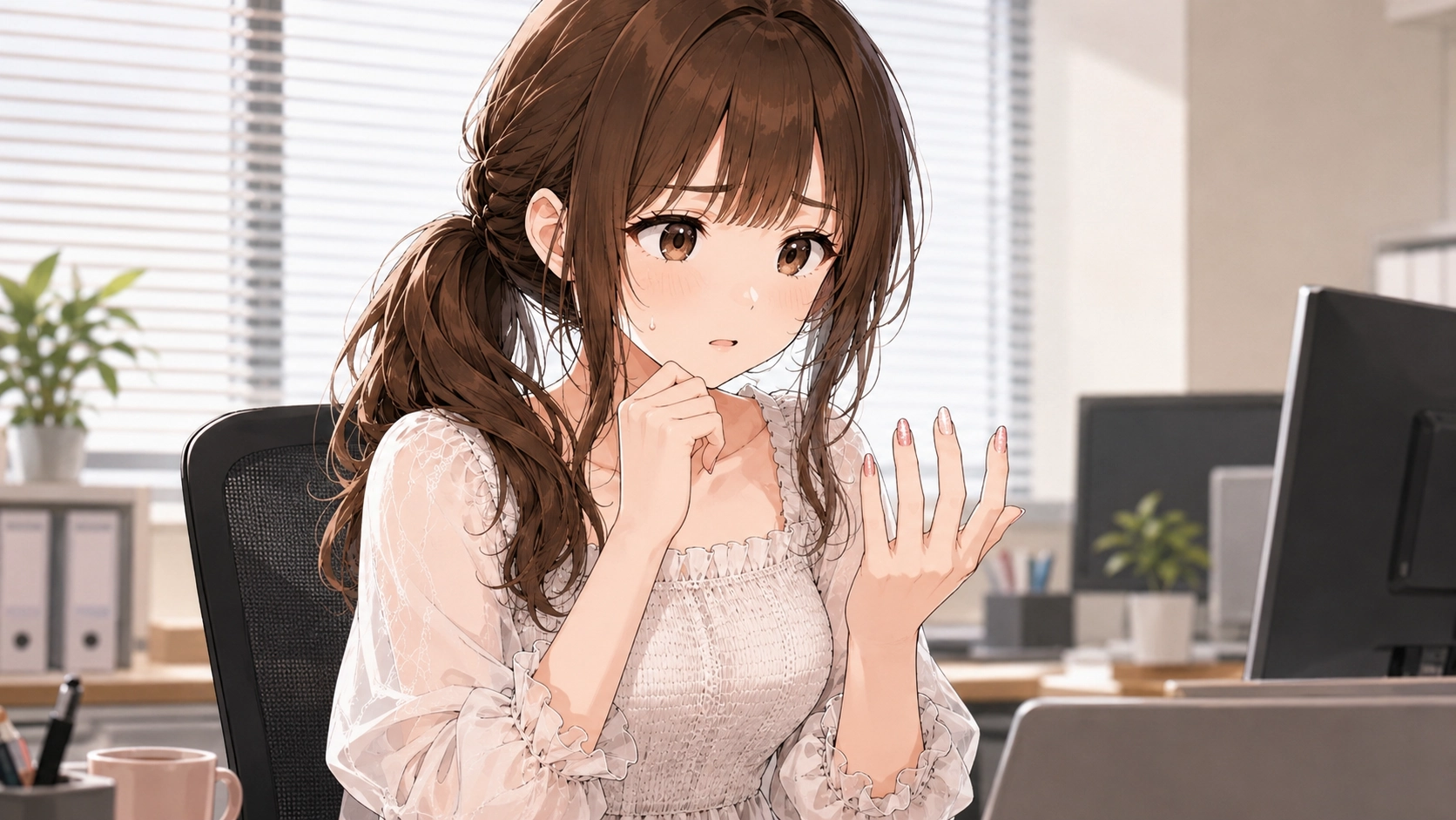 オフィスのデスクで、ネイルをした指先を見ながら不安そうな表情をしているさくらこの画像。