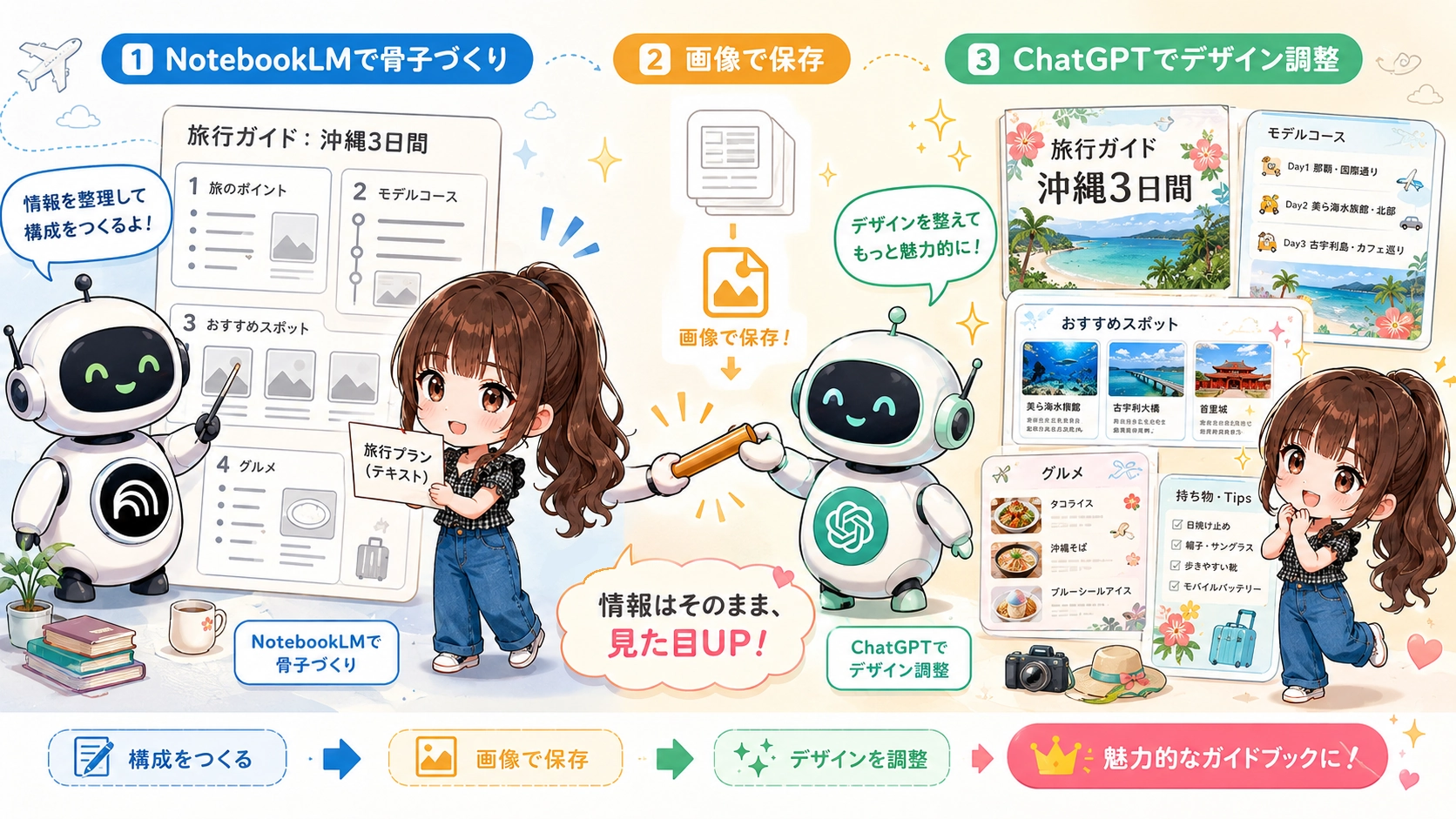 NotebookLMで旅行ガイドの骨子を作り、画像で保存したあと、ChatGPTでデザインを整える流れを説明した図解。