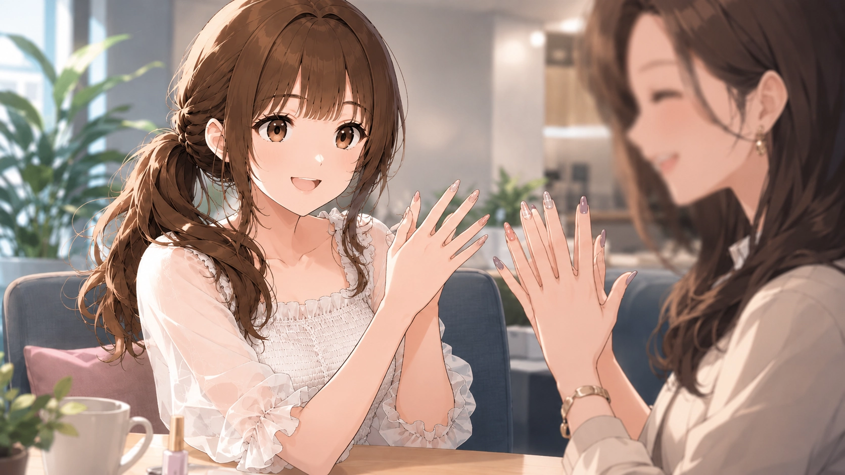 オフィスの休憩スペースで、さくらこが先輩とネイルを見せ合いながら楽しそうに会話している画像。