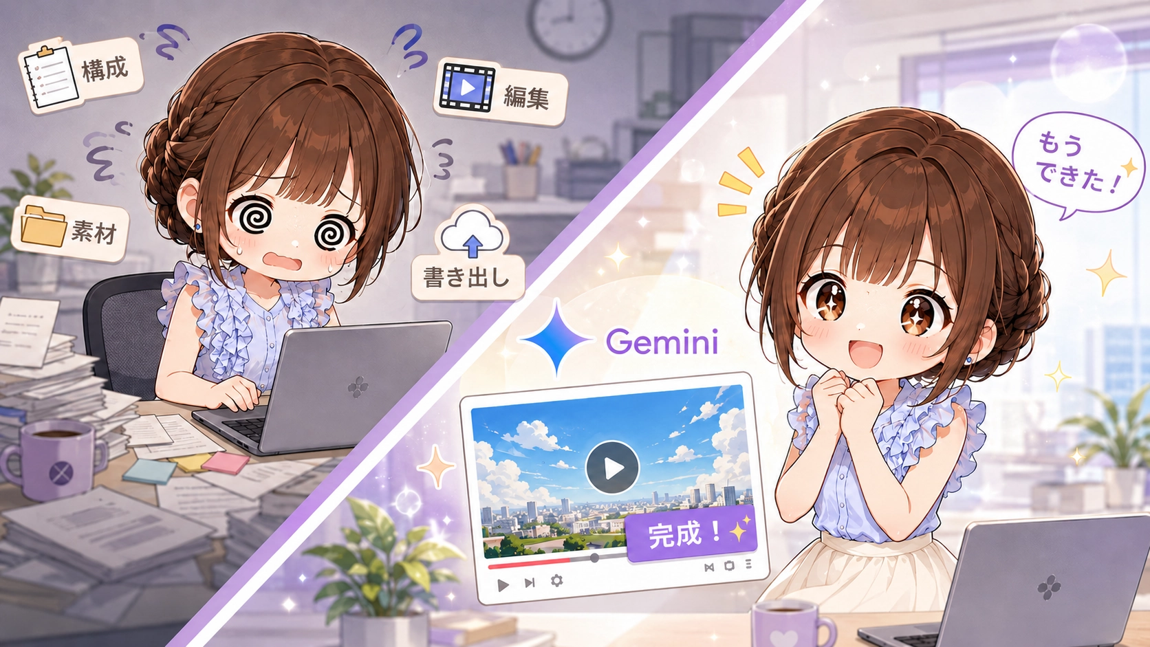 従来の動画制作で構成や素材、編集、書き出しに苦戦するさくらこと、Geminiで動画が完成して喜ぶさくらこを比較したイラスト。