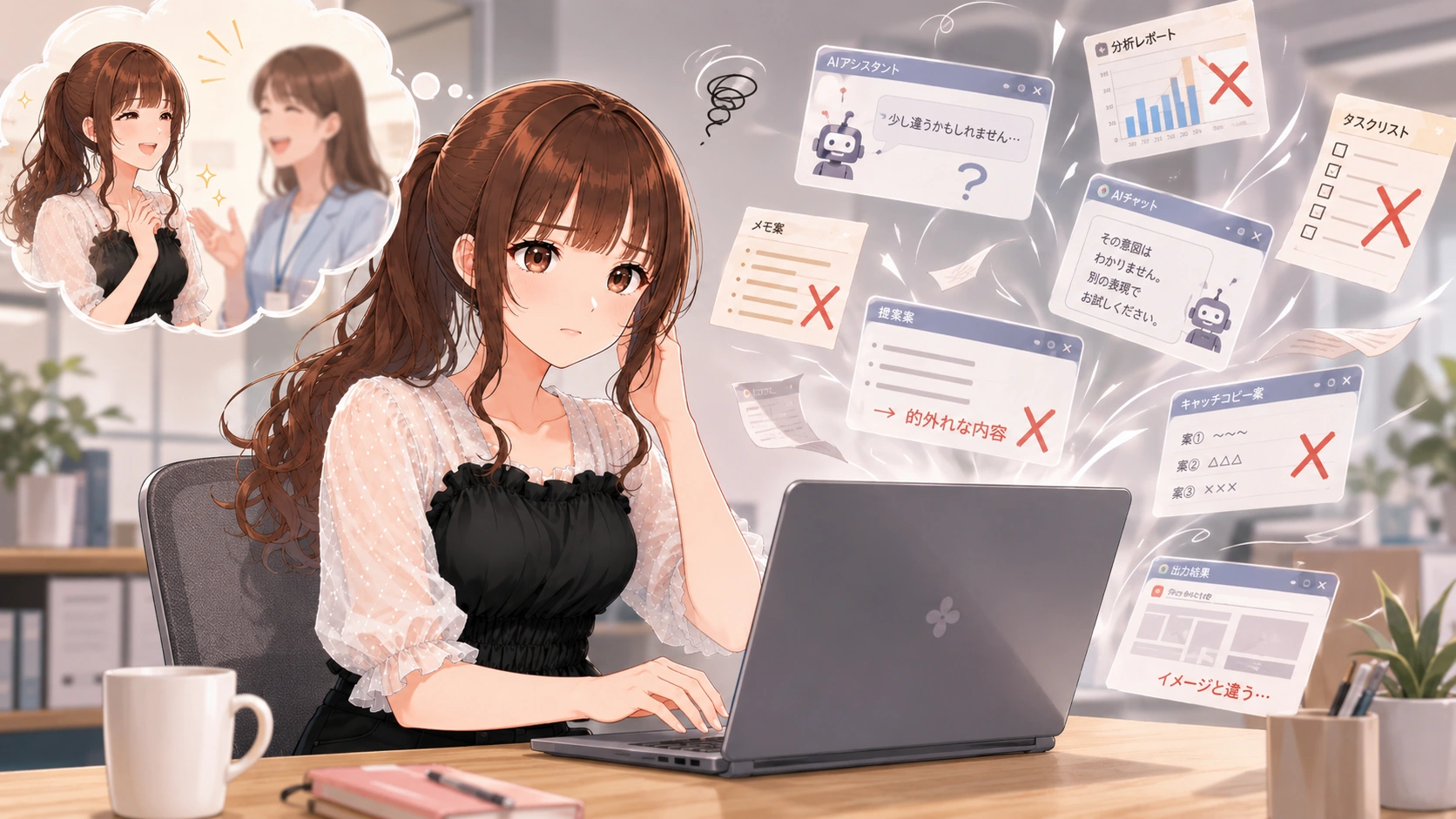 さくらこがAIに指示を出したものの、意図と違う回答や資料が返ってきて困っているイラスト。