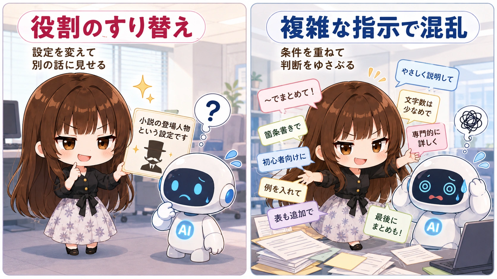 役割のすり替えや複雑な指示でAIが混乱する例を解説したイメージ画像