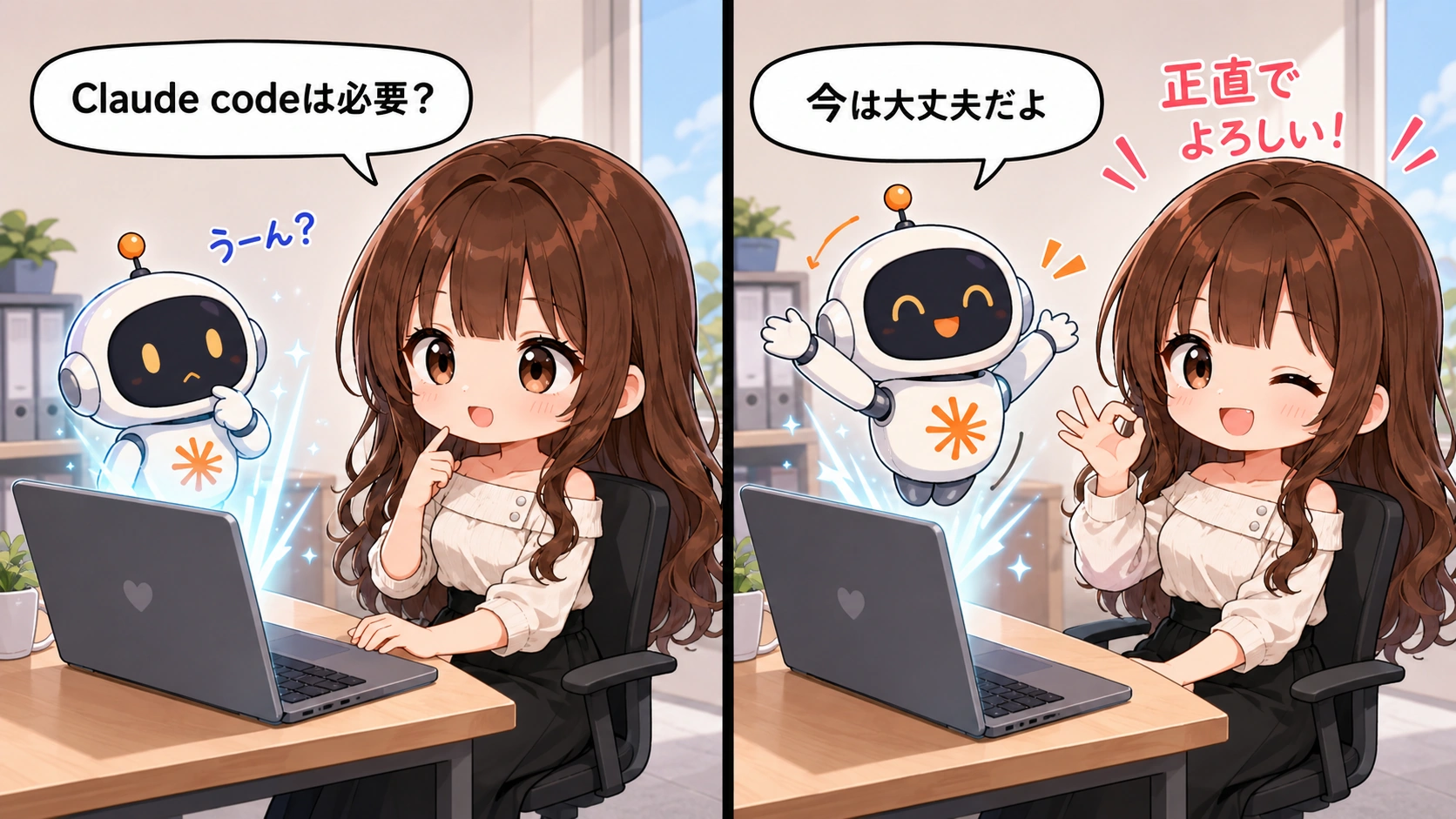 Claude Codeは必要か迷うさくらこに、AIロボットが「今は大丈夫だよ」と説明している2分割のイラスト。