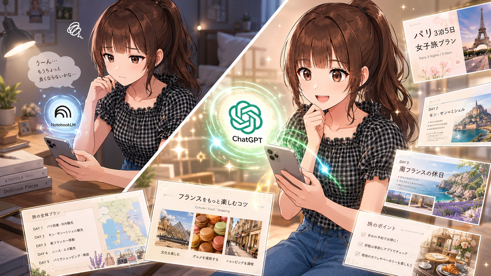 NotebookLMで作成した旅行スライドに悩むさくらこが、ChatGPTを使って旅行プラン資料を見やすく整えているイラスト。