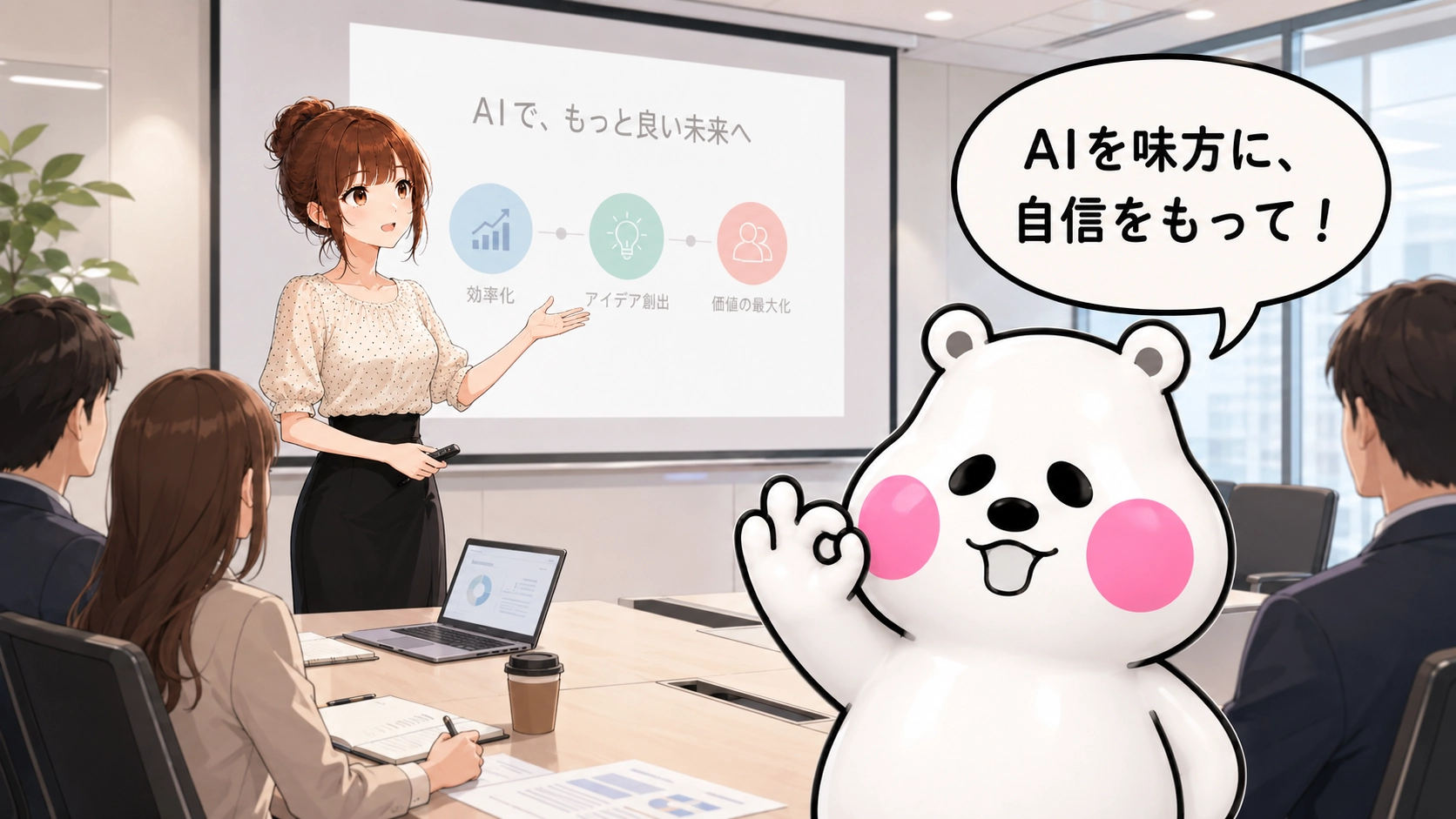 さくらこが会議室で堂々と発表し、ミフオが「AIを味方に、自信をもって」と応援しているイラスト。