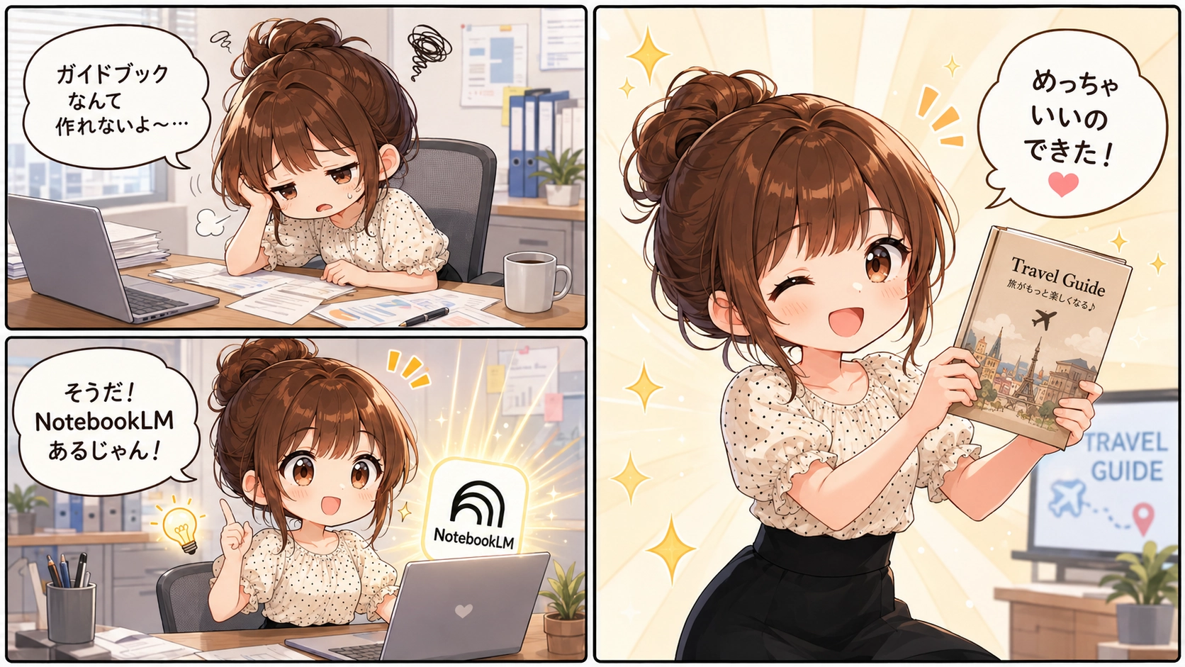 ガイドブック作成に悩むさくらこがNotebookLMを思い出し、完成した旅行ガイドブックを喜んで持っている3コマ風イラスト。