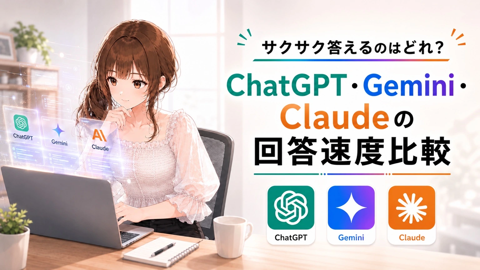 パソコンの画面を前に、Gemini、ChatGPT、Claudeの3つのAIツールの速度や特徴を比較して考えているさくらこの様子
