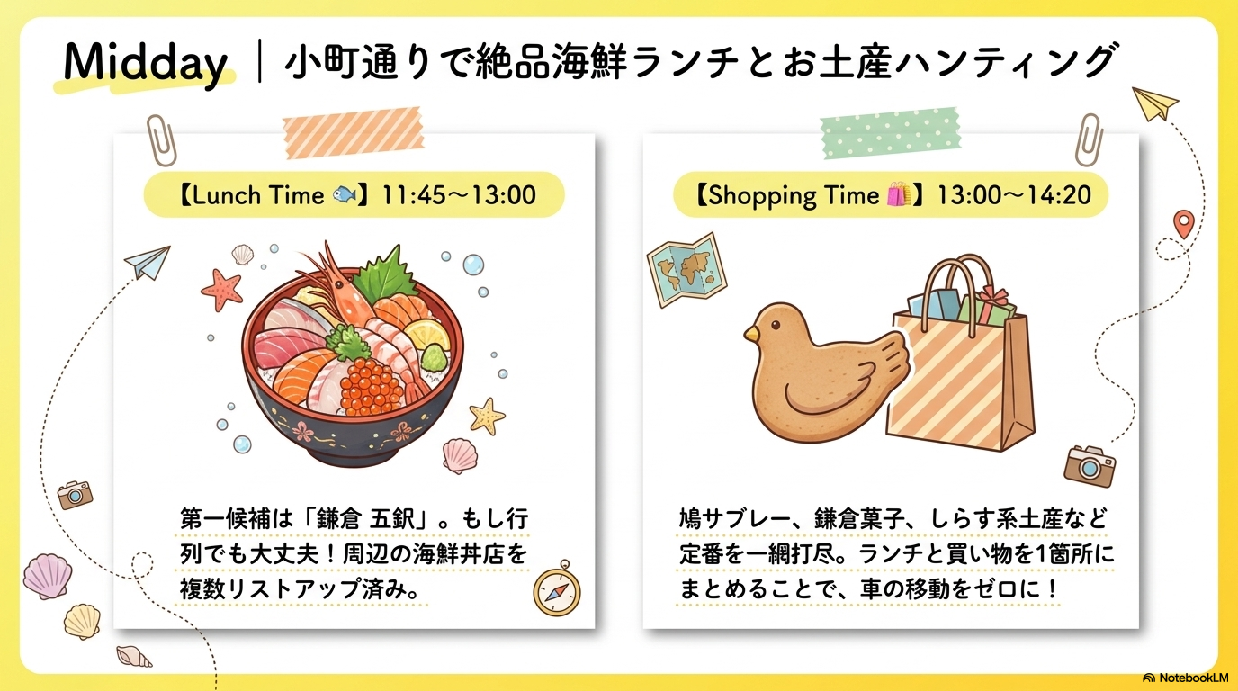 NotebookLMで作成した鎌倉・小町通りで海鮮ランチとお土産探しを楽しむ昼の旅行プランを紹介したガイドブックページ。