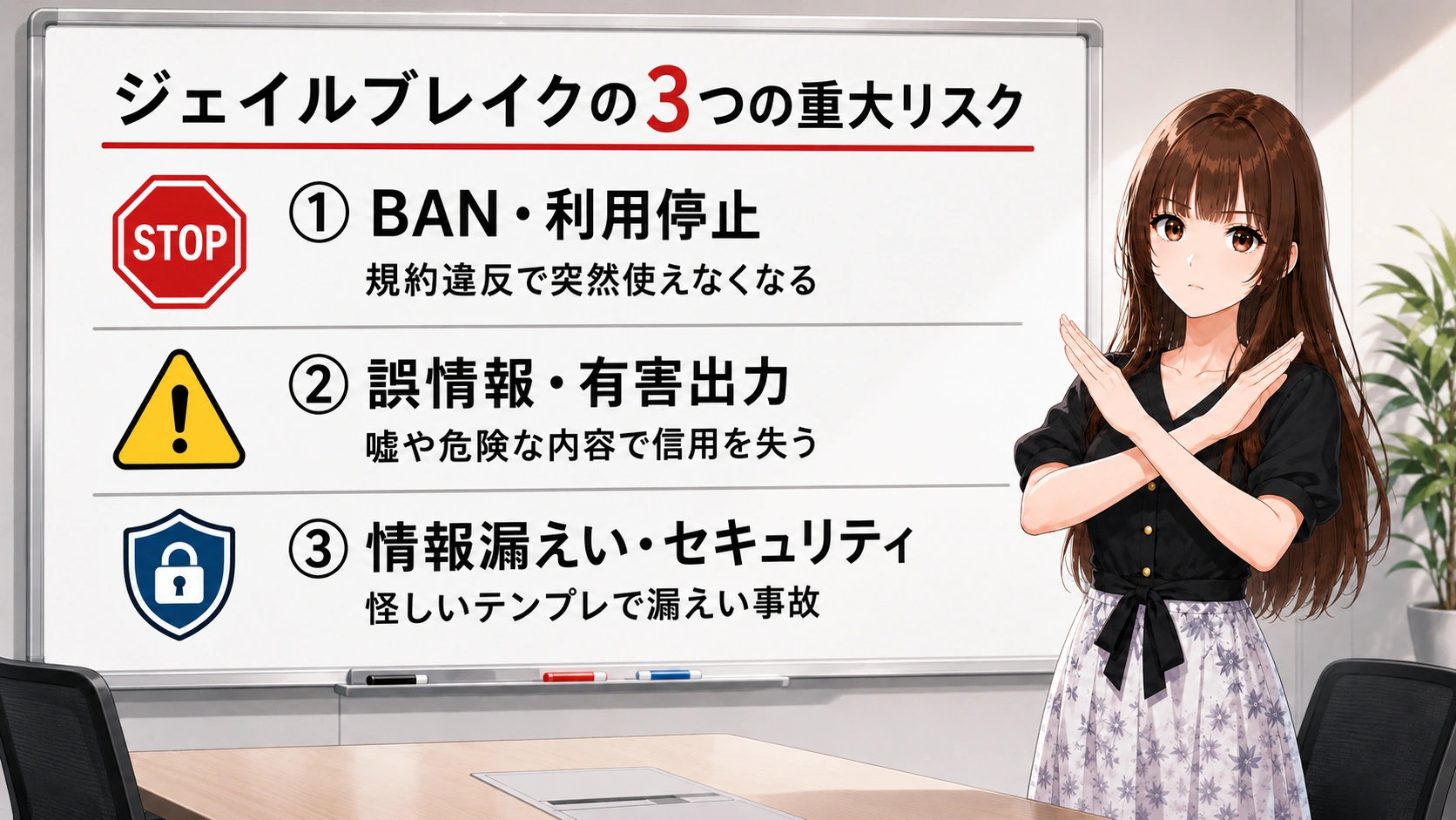 ジェイルブレイクの3つの重大リスクである利用停止、誤情報、情報漏えいを解説する画像