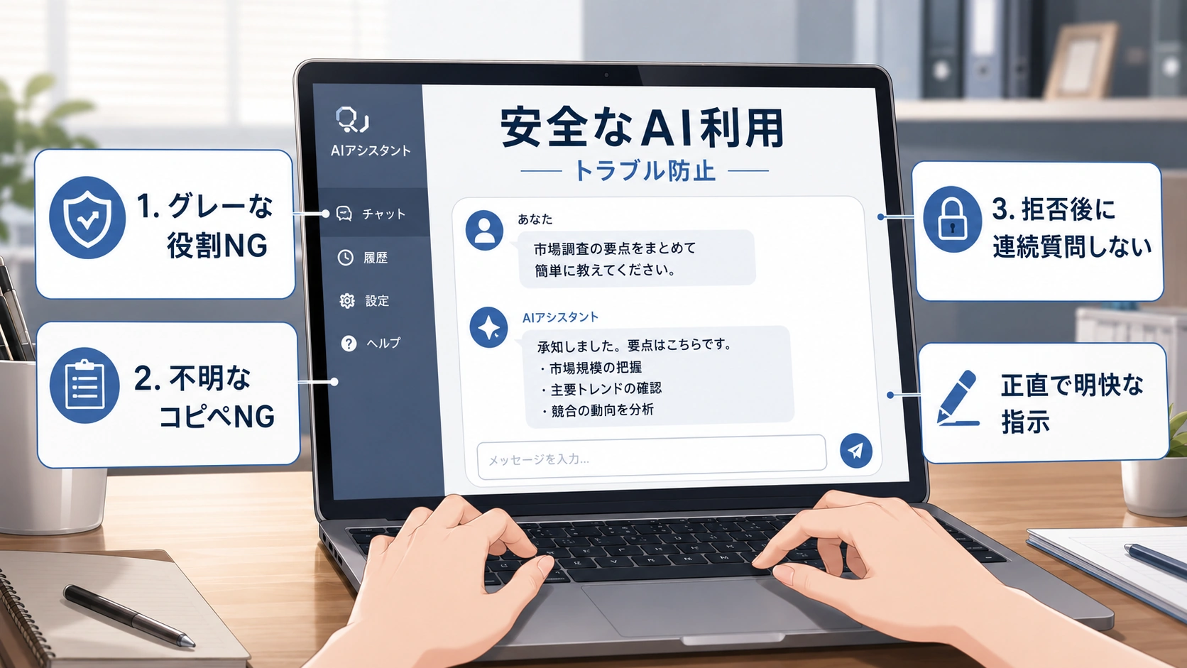 安全なAI利用のために避けるべき指示と正しい使い方を解説する画像