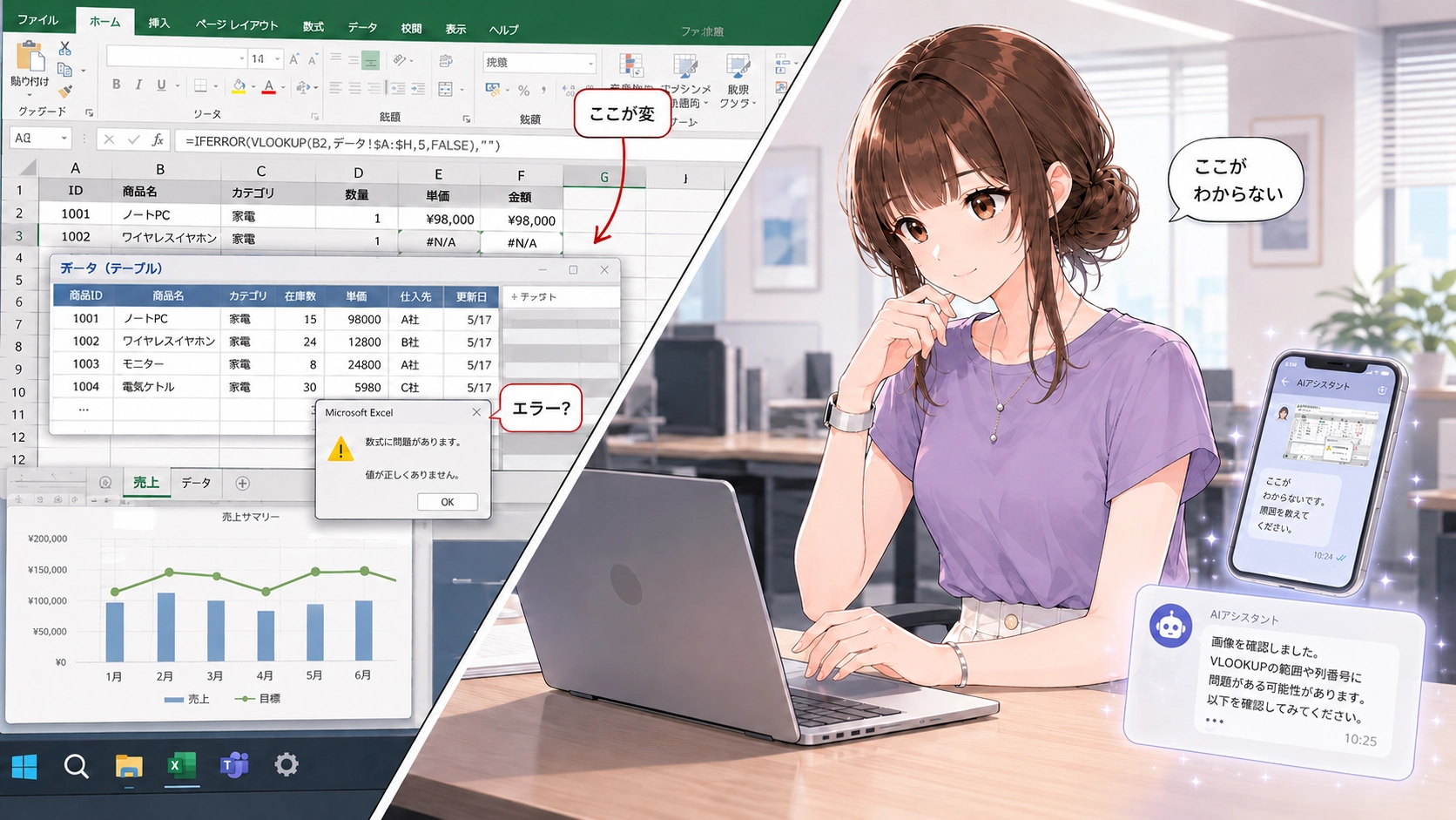 Excelの数式エラー画面と、パソコンやスマートフォンでAIに相談しているさくらこを並べたイラスト。