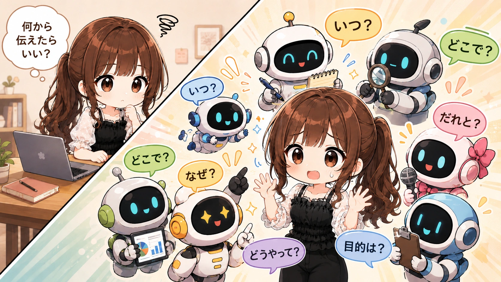 何から伝えたらよいか迷うさくらこに対して、AIロボットたちが「いつ」「どこで」「だれと」など確認質問をしているイラスト。